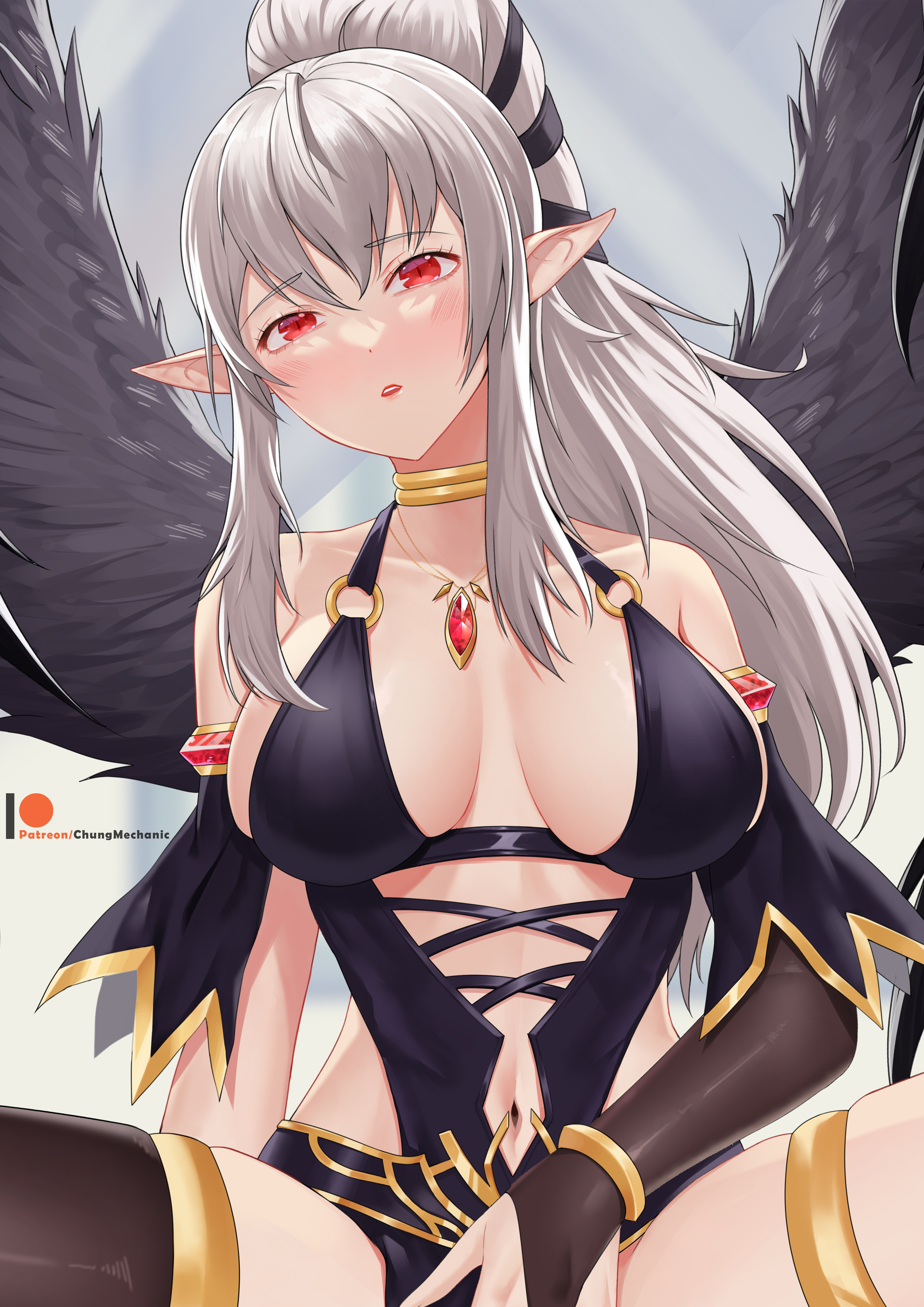 1girls, absurdres, alternate costume, alternate hair color, asymmetrical clothes, asymmetrical legwear, bangs, bare thighs, breasts, chungmechanic, dancer, female, female only, fire emblem, fire emblem awakening, grey hair, highres, jewelry, large breasts, long hair, necklace, nintendo, pointy ears, red eyes, sideboob, solo, spread legs, thighhighs, thighs, tiki (fire emblem), tiki (fire emblem) (adult), wings