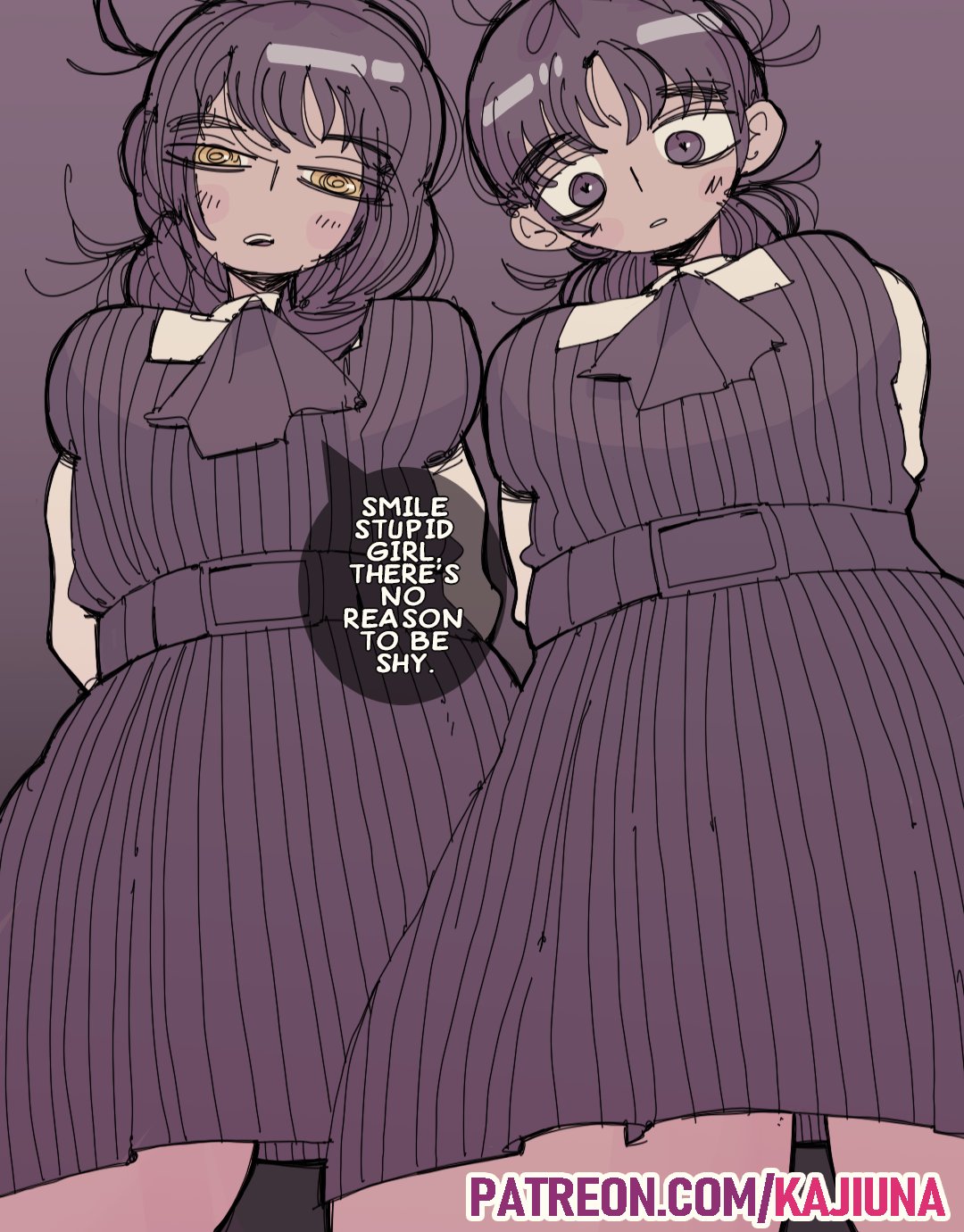 2d, 2d (artwork), asa mitaka, blush, blushing at viewer, blushing female, bush, busty, chainsaw man, dressed undressed, fourth east high school uniform, illustration, kajiuna, kajiunaberry, kajiunas, mitaka asa, nervous, nervous expression, nervous sweat, pastel, pastel colors, perky breasts, pussy, stripped, sweat, text, yoru (chainsaw man), yuri