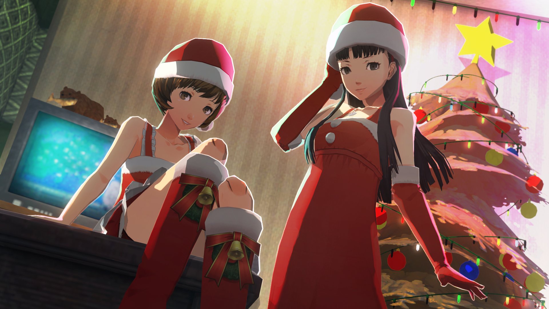 2girls, 3d, 3d (artwork), 3d model, 3d render, amagi yukiko, bangs, bell, black eyes, black hair, breasts, brown eyes, brown hair, christmas, christmas lights, christmas outfit, christmas tree, collarbone, dress, elbow gloves, female, female only, long hair, looking at viewer, medium breasts, necklace, persona, persona 4, santa boots, santa dress, santa gloves, santa hat, satonaka chie, short hair, shoulders, sitting, small breasts, smile, smiling, smiling at viewer, spats, thighs, tomboy, tv, upskirt, uriziel38, wreath
