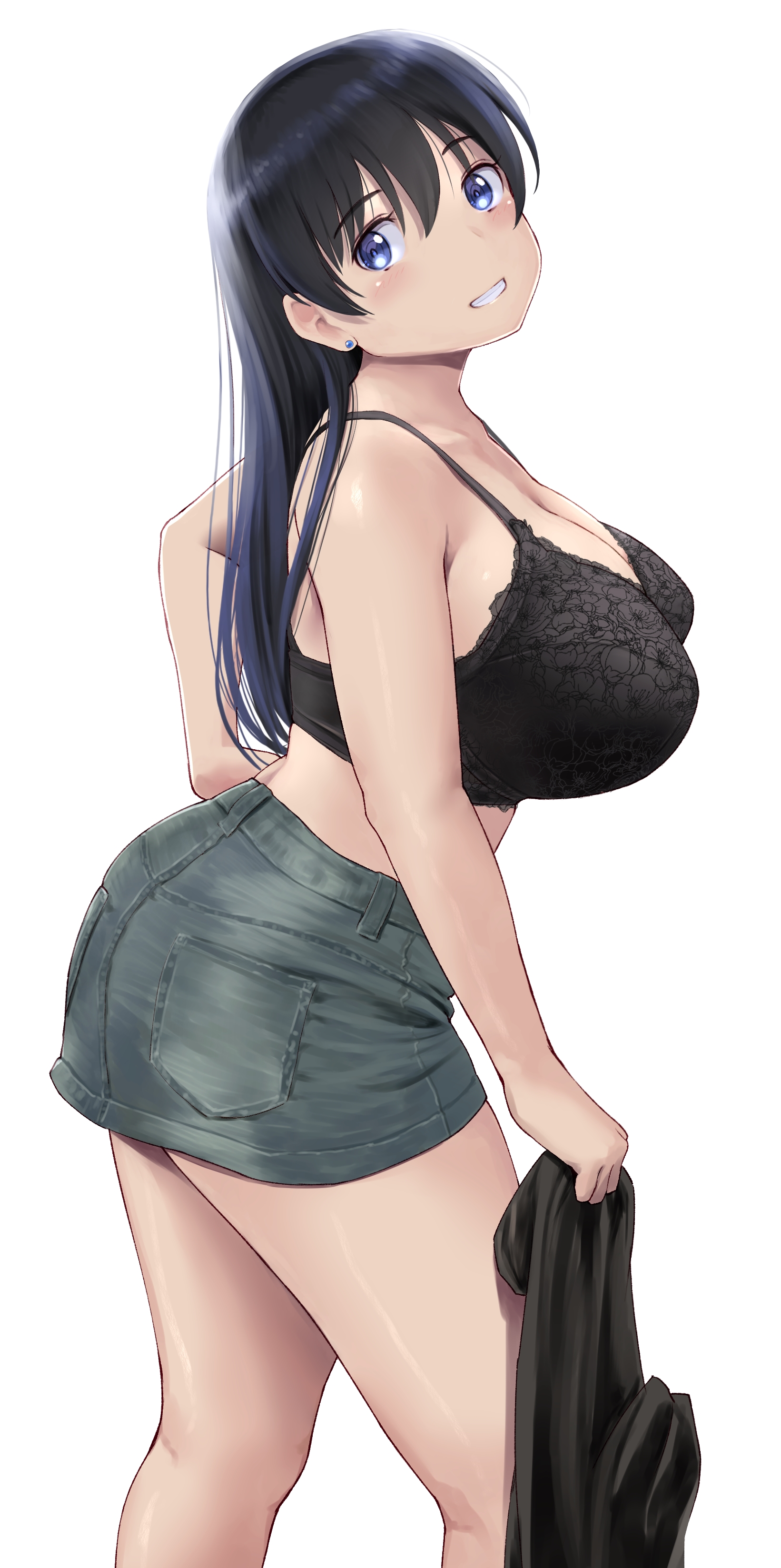 1girls, arato nagi, ass, black bra, black hair, blue eyes, bra, ear piercing, eyebrows visible through hair, female, female focus, female only, holding, holding clothing, holding shirt, lace-trimmed bra, large breasts, looking at viewer, miniskirt, portrait, ruri no houseki, short skirt, simple background, skirt, smile, solo, solo female, t-shirt, underwear, undressing, very high resolution, wa (genryusui), white background
