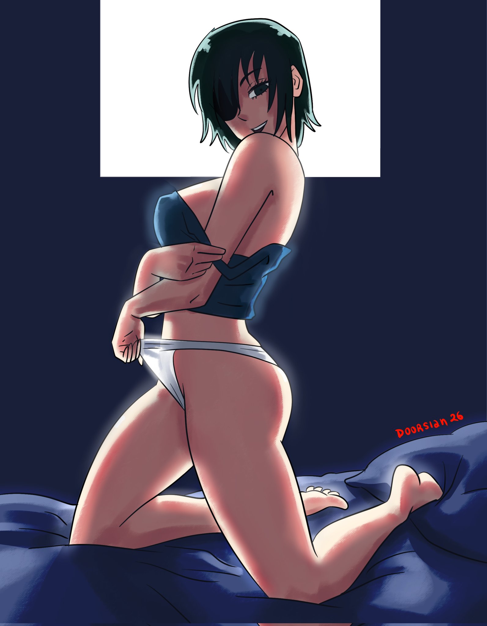 1girls, 2026, 2d, 2d (artwork), alternate version available, artist name, bed, bed sheet, big breasts, big butt, big thighs, breast, breasts, chainsaw man, clothing, dark green hair, doorsian26, eye patch, female, female only, himeno (chainsaw man), human, human only, kneeling, light skin, light-skinned female, looking at viewer, matching hair/eyes, no pants, no sex, pajamas, panties, sheets, short hair, sideboob, tank top, teasing, teasing viewer, thighs, twitter username, undressing, white panties
