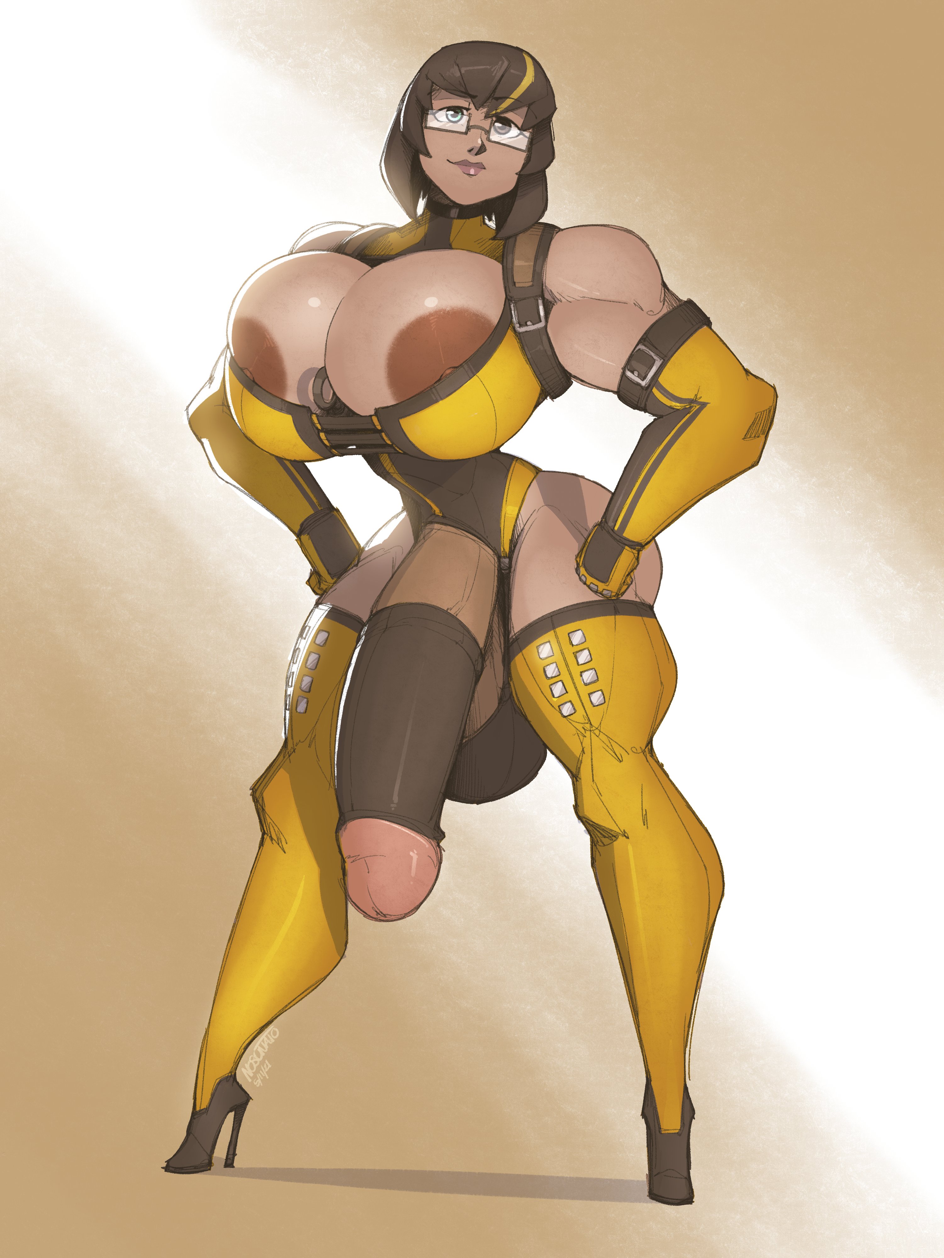 1futa, areolae, balls, breasts, breasts bigger than head, brown hair, bursting breasts, clothed, clothing, cock sleeve (clothes), dark skin, dark-skinned futa, futa only, futanari, genitalwear, glasses, heels, huge areolae, huge balls, huge breasts, huge cock, huge penis, human, intersex, long hair, muscular, muscular futa, nipples, nosunato, partially clothed, penis, penis sleeve, pubic hair, solo, standing, thick thighs, wide hips