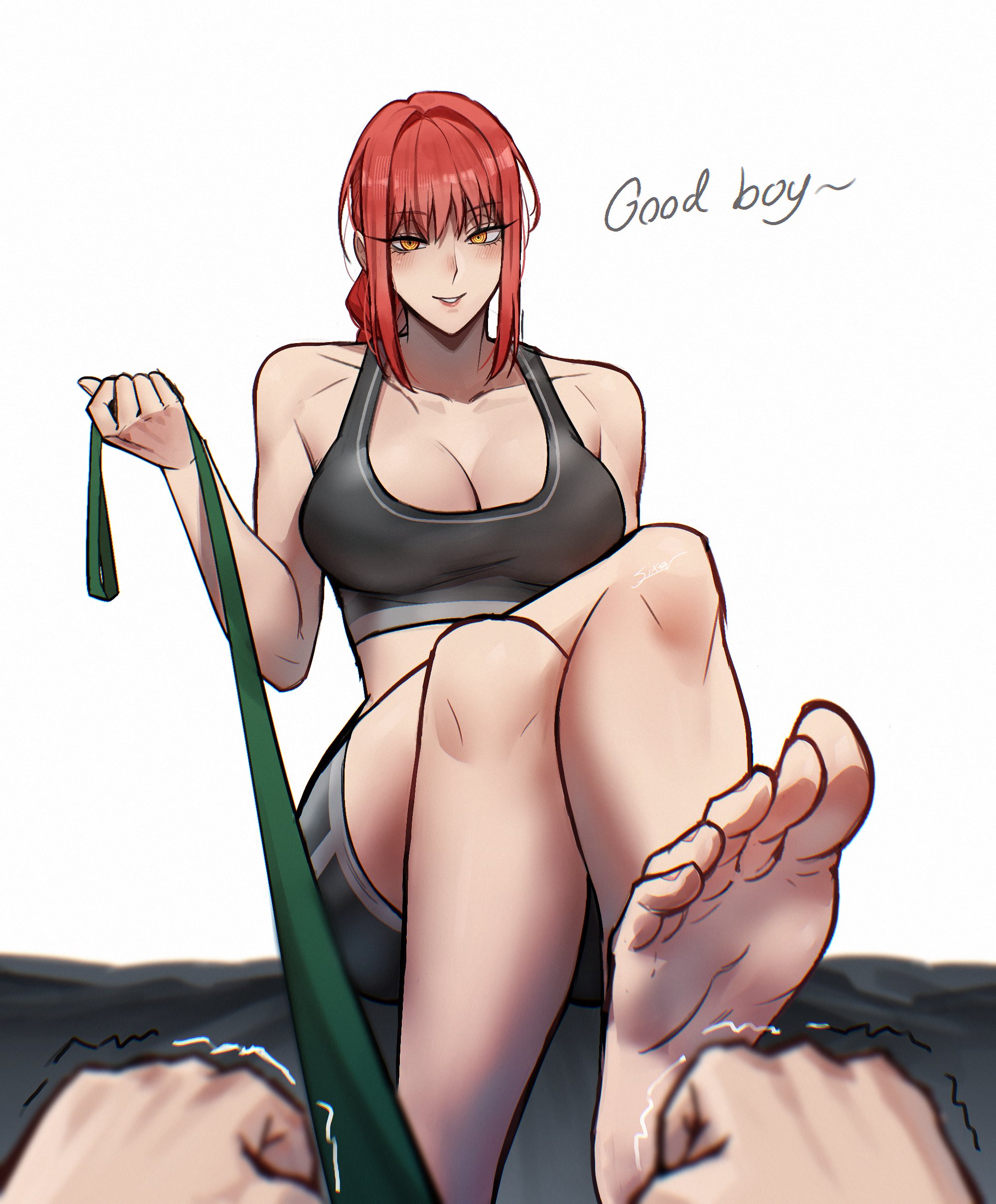 1boy, 1girls, 2020s, 2025, 2d, arms, big breasts, big thighs, blush, breasts, chainsaw man, cleavage, clothed, clothed female, clothes, clothing, color, colored, compliment, crop top, dialog, dialogue, ear, eyes, eyes open, feet, female, fingers, good boy, hair, hands, holding, holding leash, holding object, human female, human male, humanoid, leash, leash pull, leashed male, legs, light body, light skin, light-skinned female, light-skinned male, lips, long hair, makima (chainsaw man), male, male pov, motion lines, motion outline, mouth, movement lines, nose, open mouth, open smile, orange eyes, pov, real sixer121, red hair, shaded, sitting, sitting down, smile, smiling, spiral eyes, tagme, teeth, teeth showing, teeth visible, text, thighs, toes, unseen male face, voluptuous, voluptuous body, voluptuous female, white background, yellow eyes