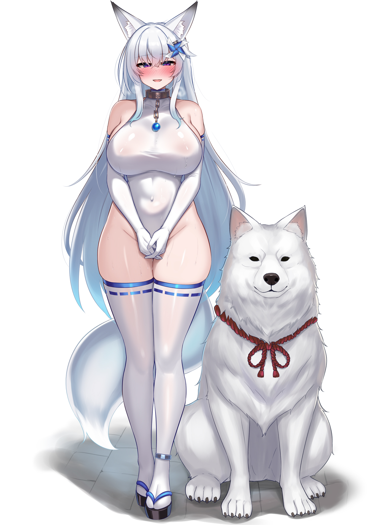 1animal, 1girls, 2026, 2d, bangs, bestiality, big breasts, blue eyes, blush, canid on humanoid, canine, canine on humanoid, collar, dog, domestic dog, female, female on feral, feral, feral on female, feral on humanoid, fox ears, fox girl, fox tail, hair ornament, heavy breathing, highres, huge breasts, imminent bestiality, imminent sex, implied bestiality, interspecies, kemonomimi, kutan, large breasts, leotard, long gloves, metal collar, mizuki (kutan), shrine maiden, skindentation, standing, tail, thighhighs, tight clothing, very long hair, white hair, white legwear, white leotard, zoophilia