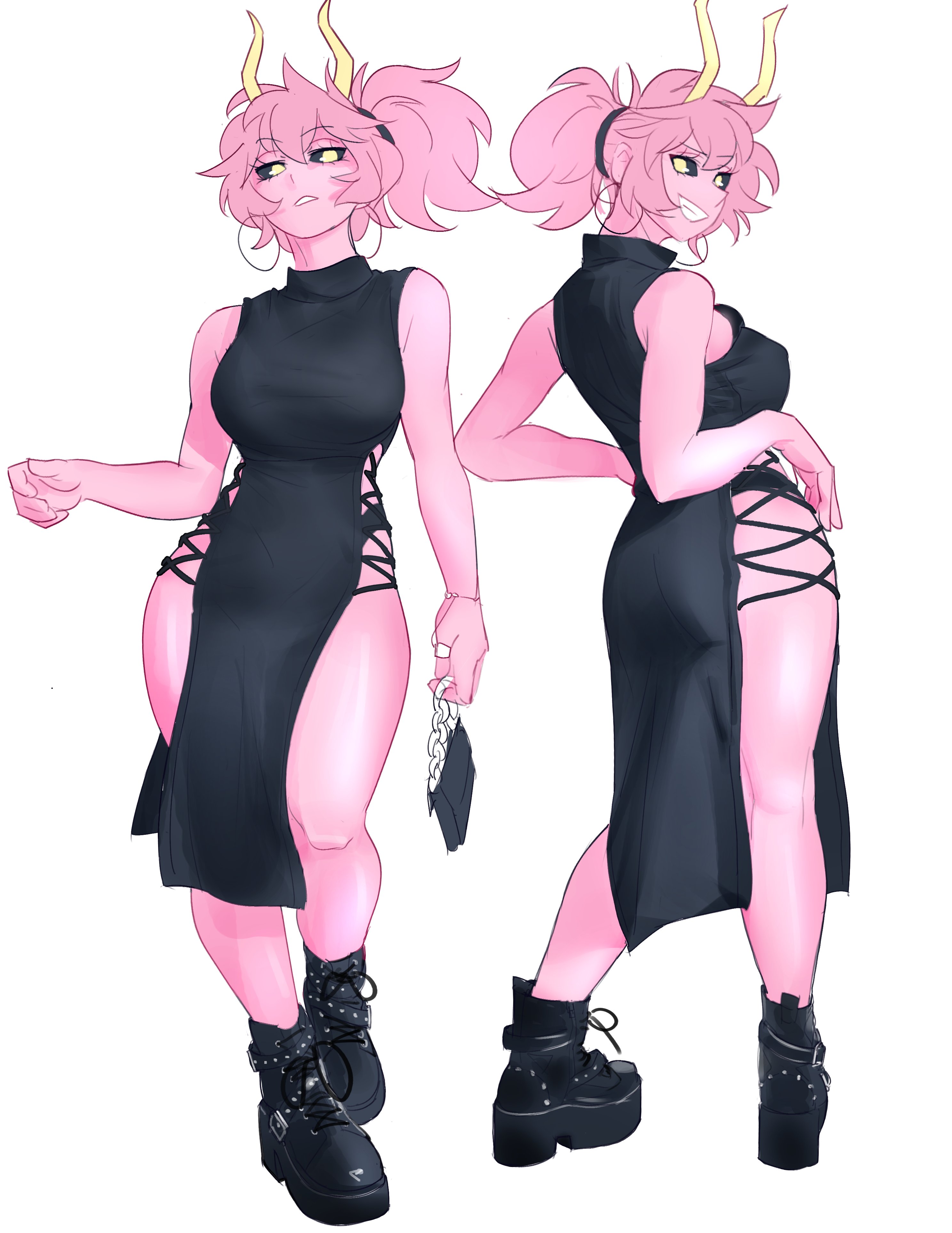 1girls, absurdres, ashido mina, ass, bag, bare shoulders, black boots, black dress, boku no hero academia, boku no hero academia (finale), boots, breasts, colored skin, commentary, dress, earrings, english commentary, female, female only, from behind, hhholic, highres, holding, holding bag, holic fz, hoop earrings, jewelry, looking at viewer, looking back, mina ashido, mina ashido time-skip, multiple views, my hero academia, my hero academia (finale), pelvic curtain, pink hair, pink skin, ponytail, post-timeskip, side slit, simple background, sleeveless, sleeveless dress, smile, standing, thighs, white background, yellow eyes