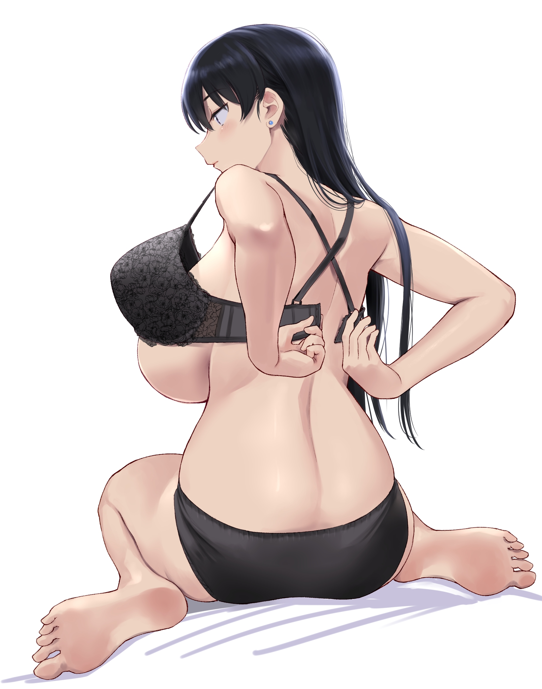 1girls, arato nagi, black bra, black hair, black panties, blue eyes, bra, ear piercing, eyebrows visible through hair, female, female focus, female only, from behind, lace-trimmed bra, large breasts, panties, portrait, removing bra, ruri no houseki, simple background, sitting, solo, solo female, underwear, undressing, very high resolution, wa (genryusui), white background