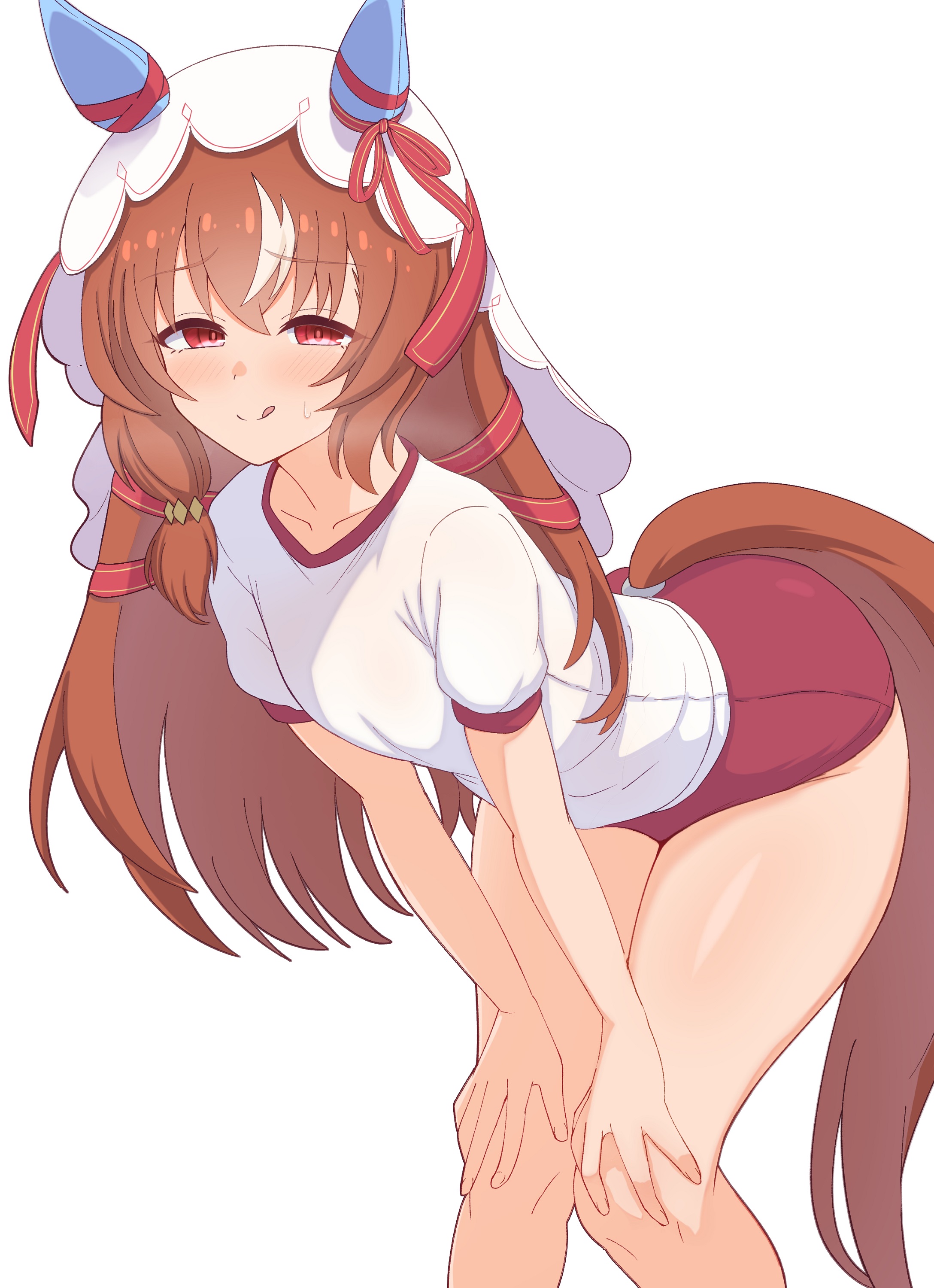 1girl, absurdres, artist request, brown hair, highres, horse ears, horse girl, horse tail, leaning forward, long hair, looking at viewer, multicolored hair, red buruma, red eyes, seductive look, seductive smile, solo, still in love (umamusume), thighs, tongue out, umamusume, umamusume pretty derby, veil, white hair, white shirt, white veil