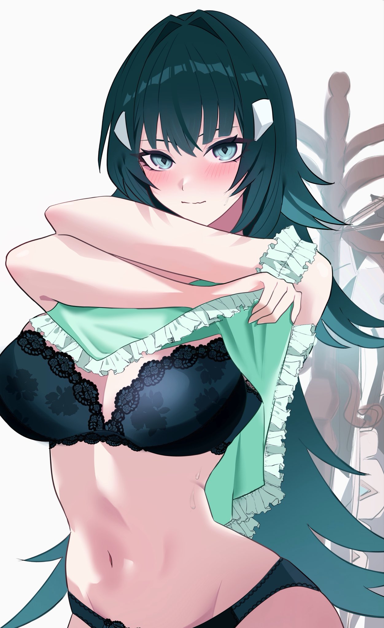 1girl, aqua eyes, black bra, black panties, bra, breasts, commentary request, cowboy shot, danica (genshin impact), genshin impact, green hair, green nightgown, green pajamas, highres, lace, lace trim, lace-trimmed bra, lace-trimmed panties, lingerie, long hair, navel, nightgown, pajamas, panties, simple background, sleepwear, solo, sweat, underwear, undressing, white background