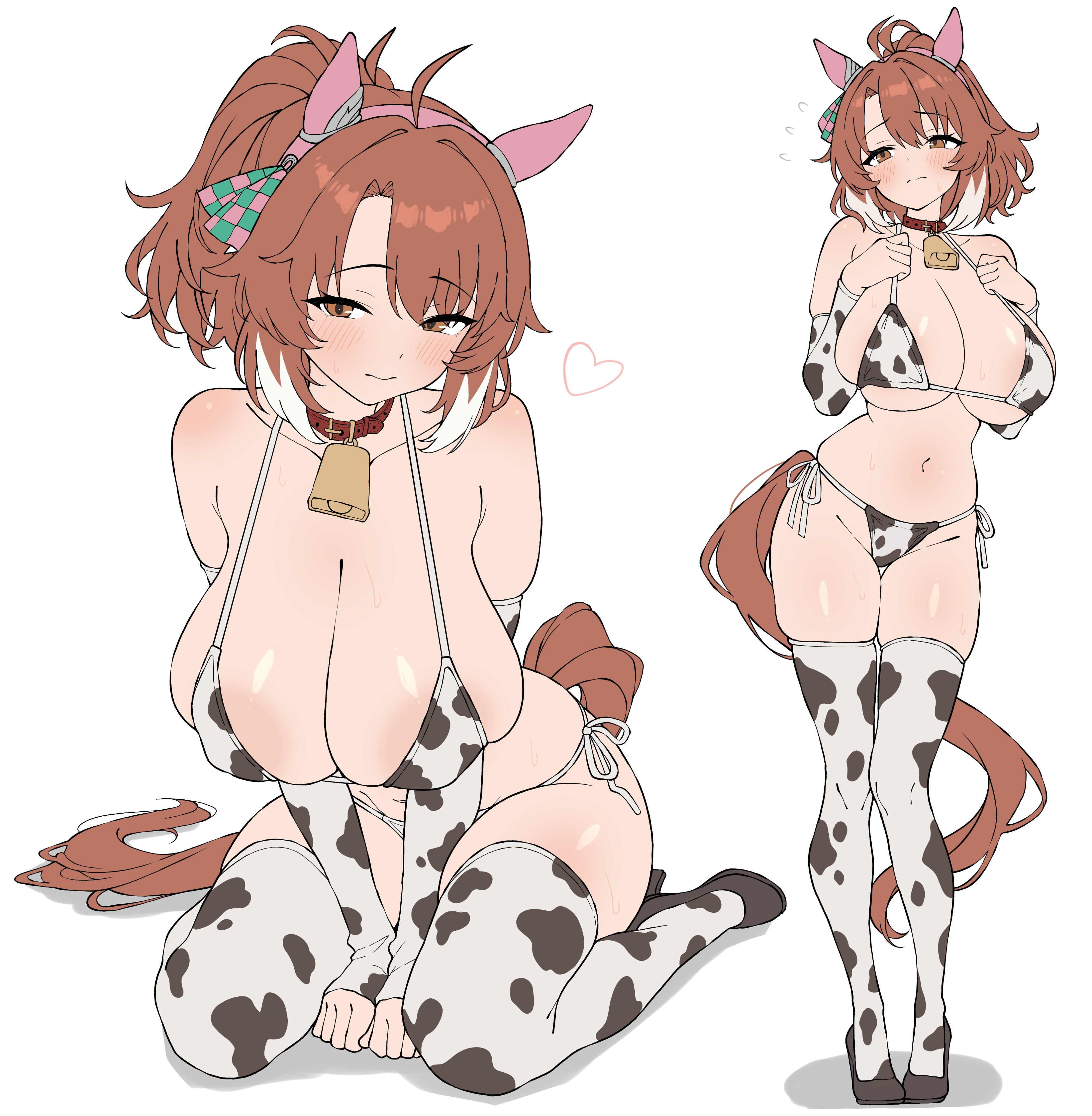 1girl, absurdres, areola slip, blush, brown eyes, brown hair, cleavage, cowprint, cowprint armwear, cowprint bikini, cowprint thighhighs, dantsu flame (umamusume), full body, high heels, highres, horse ears, horse girl, horse tail, huge breasts, looking at viewer, multicolored hair, multiple views, navel, ponytail, puchimosu (mosu1427), short hair, standing, stomach, thick thighs, thighs, umamusume, umamusume pretty derby, wariza, white hair
