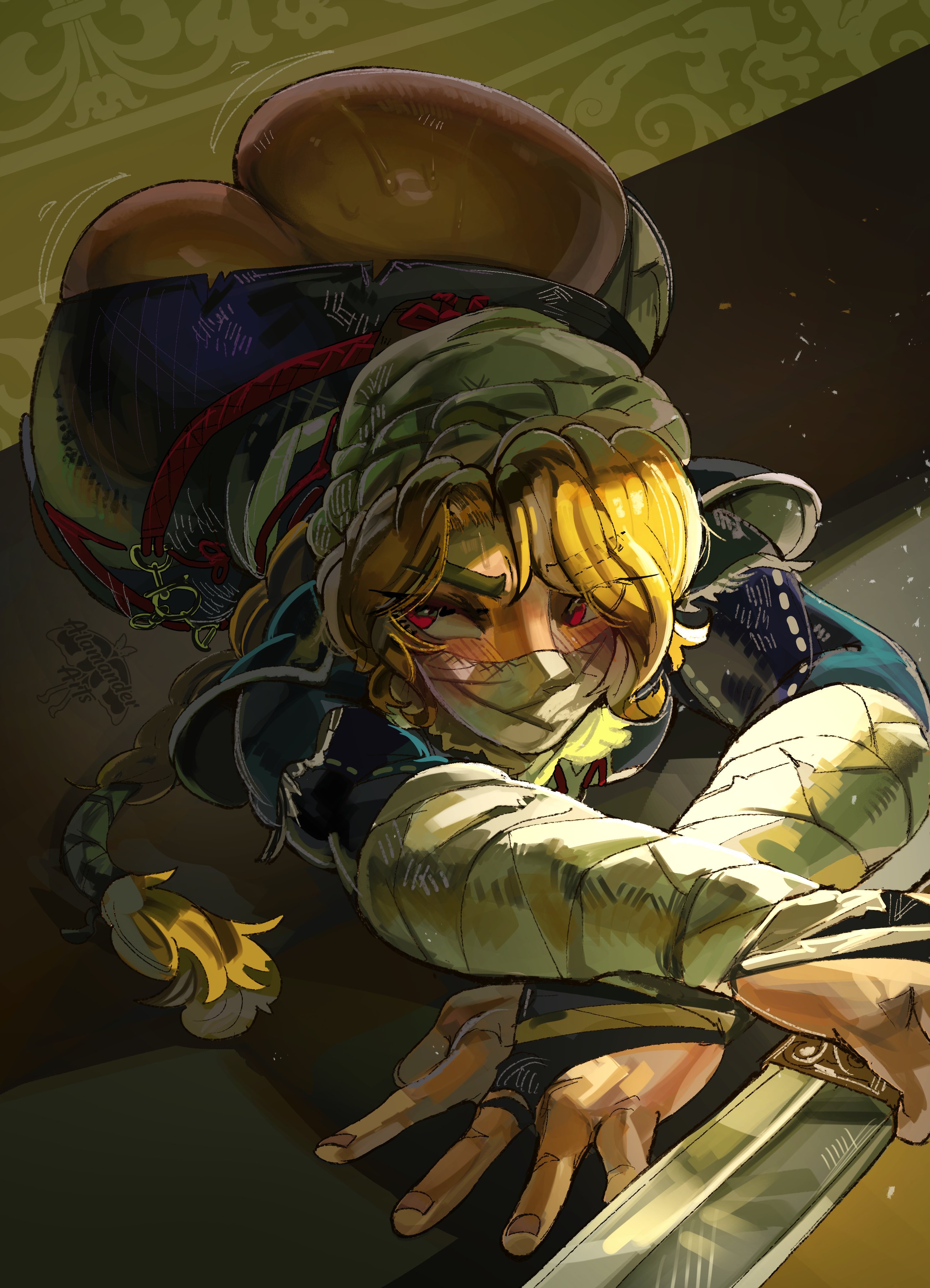 1girls, alamanderarts, ass, big ass, blonde hair, clothing, fat ass, female, female only, huge ass, knife, large ass, massive ass, no panties, ocarina of time, red eyes, sheik, solo, the legend of zelda, thick ass, thick thighs, weapon, wide hips, zelda (ocarina of time)