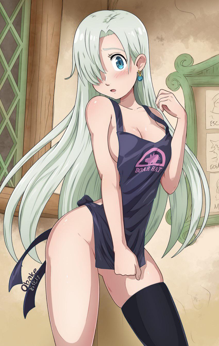 1girls, apron, apron only, blue eyes, blush, breasts, elizabeth liones, eyes, eyes open, female, female only, hair over one eye, looking at viewer, mouth, mouth open, naked apron, nanatsu no taizai, nose, obakeart