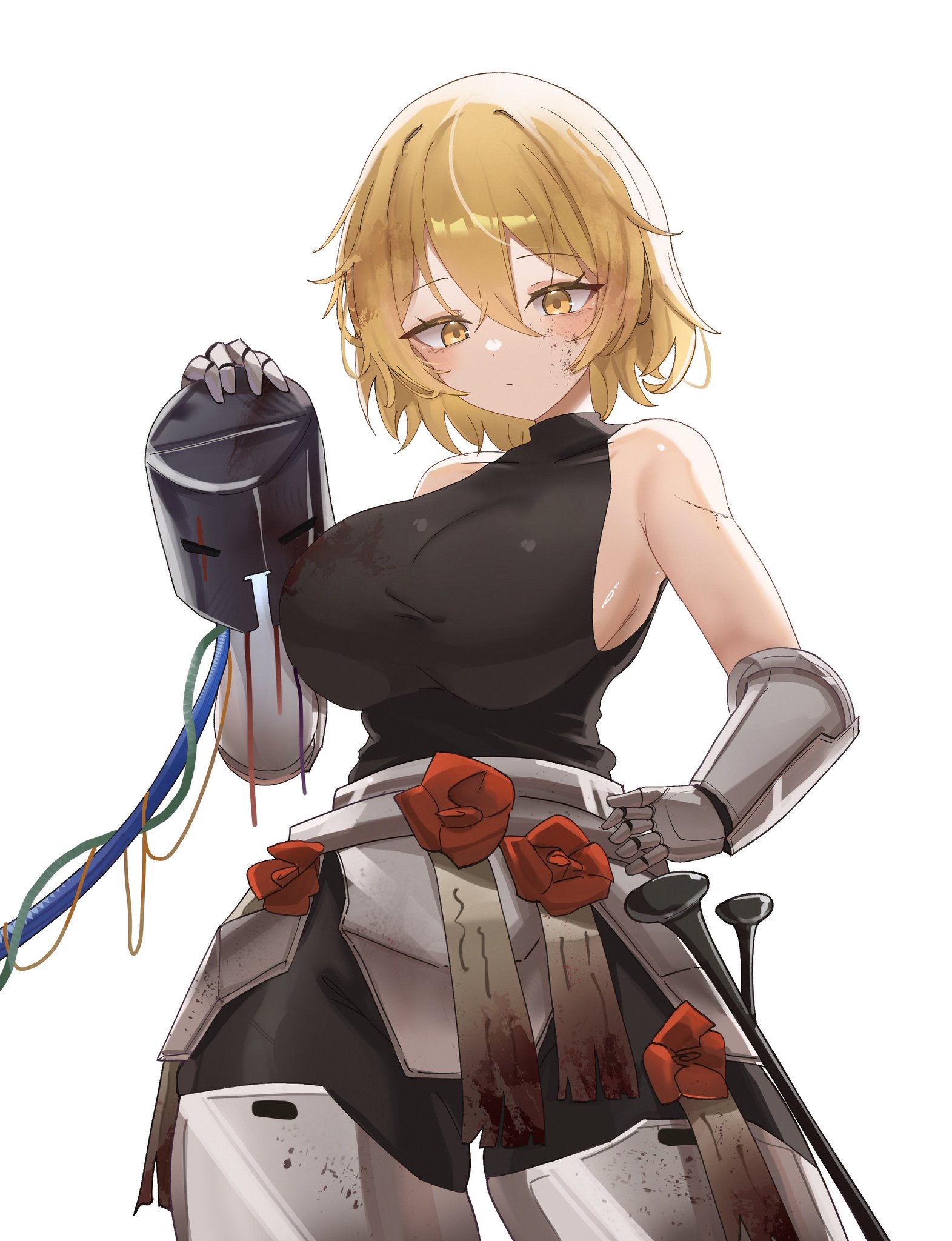 1girl, absurdres, armor, armpits, bare shoulders, black shirt, blonde hair, blood, blush, breasts, closed mouth, commentary, cowboy shot, dirty, dirty face, don quixote (limbus company), flower, gauntlets, hair between eyes, hand on own hip, highres, holding, large breasts, limbus company, looking at viewer, n corp. fanatic (identity) (project moon), nail (hardware), project moon, red flower, red rose, rose, shirt, short hair, sideboob, simple background, sleeveless, sleeveless shirt, solo, standing, tight clothes, tight shirt, turtleneck, untranslatable commentary, white background, yellow eyes