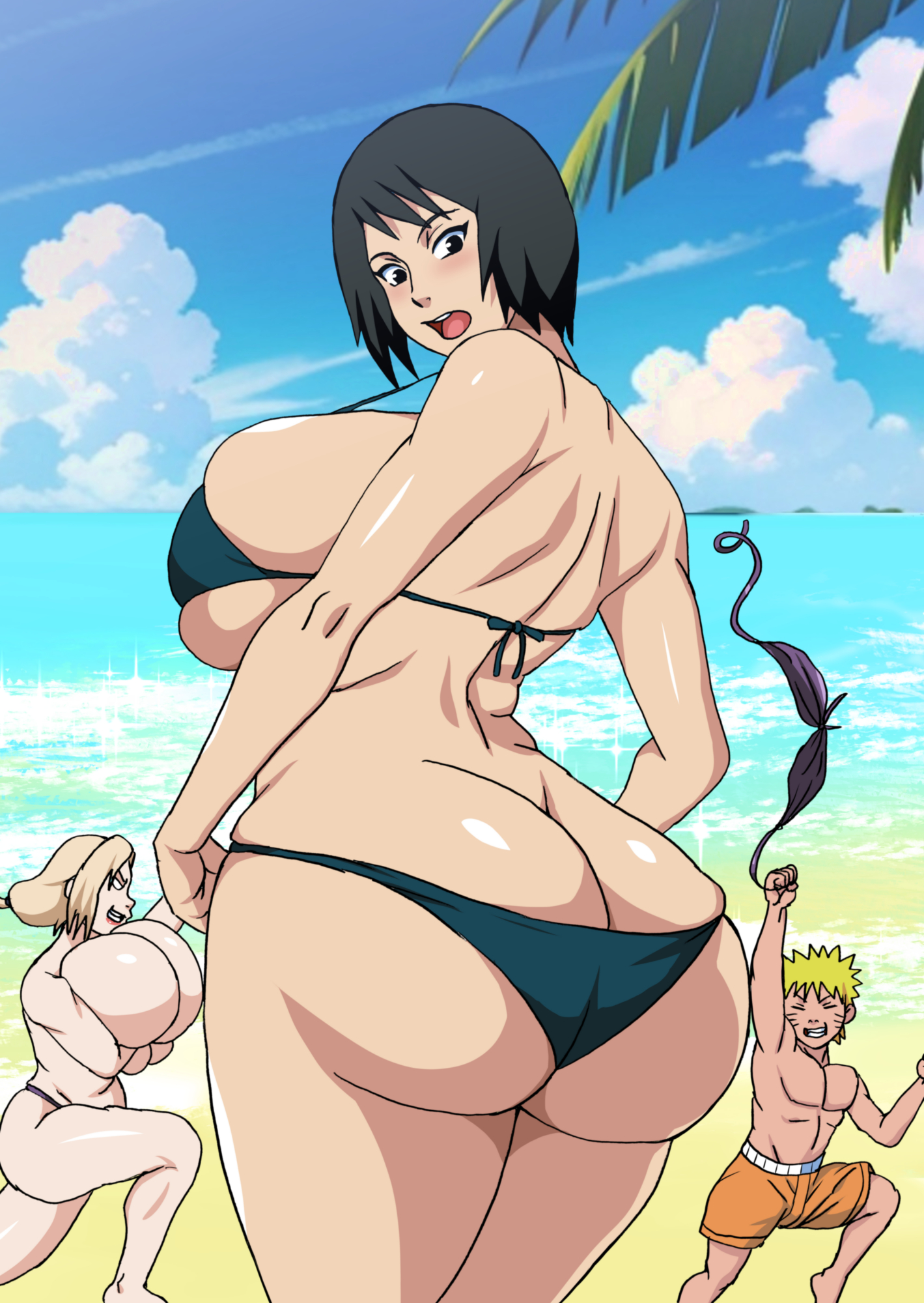 1boy, 2girls, alternate ass size, alternate body type, alternate breast size, ass focus, background, beach, bikini, black hair, black-haired female, blonde hair, blonde-haired female, blonde-haired male, blue sky, covering breasts, female, gilf, huge breasts, large ass, male, milf, naruho, naruto (series), running away, shizune, stolen bikini, stolen swimsuit, topless female, tsunade, tsunade senju, uzumaki naruto
