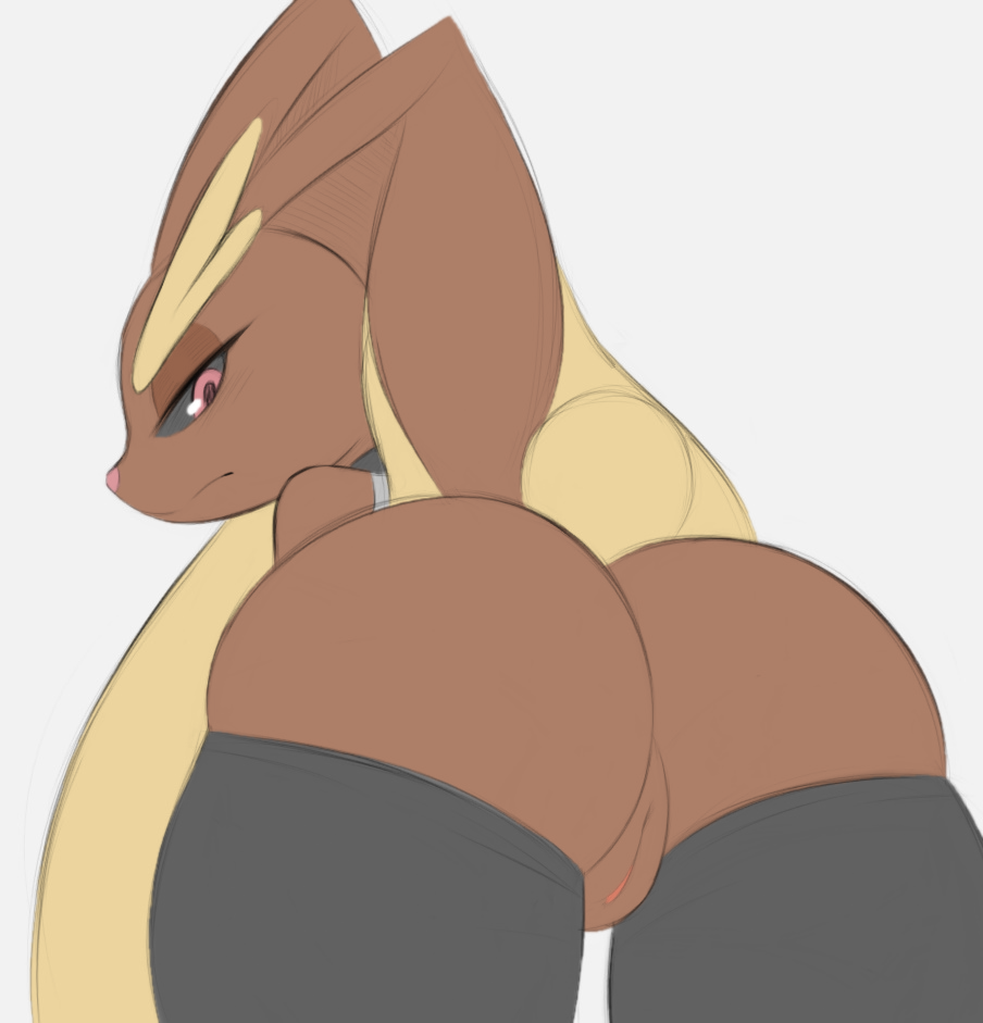 2022 animal_humanoid anthro arteficialtrees ass bent_over big_butt big_ears blush clothed clothing digital_media_(artwork) edit eyebrows eyelashes female fur fur_thick_thighs fur_thigh_highs furry furry_only genitals half-closed_eyes legwear looking_at_viewer looking_back looking_back_at_viewer lopunny mostly_nude narrowed_eyes nintendo partially_clothed pokémon_(species) pokemon pokemon_(species) presenting presenting_hindquarters presenting_pussy pussy rear_view scut_tail short_tail simple_background sketch solo tail video_games