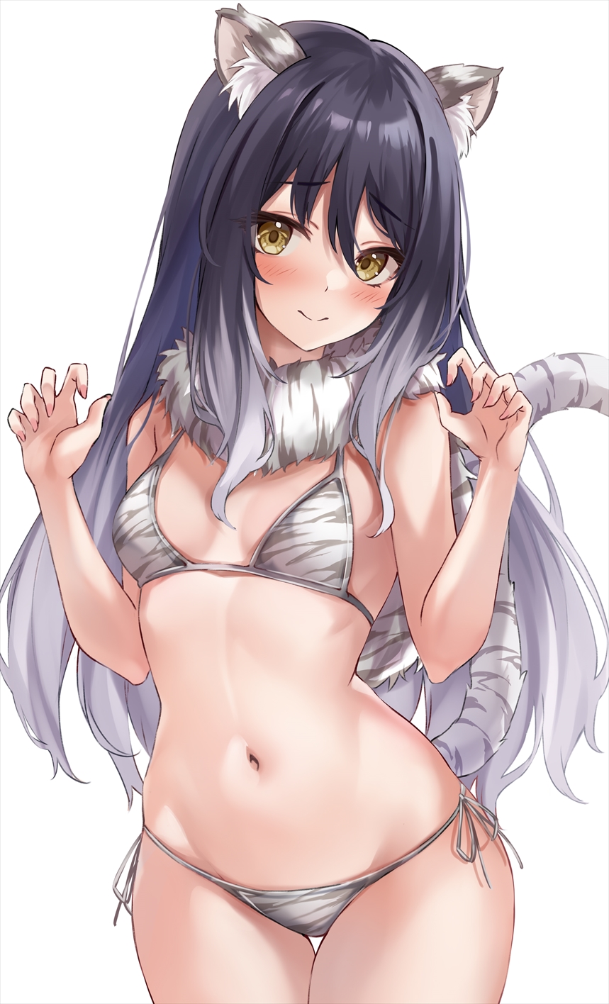 animal_ear_fluff animal_ears bangs bare_shoulders bikini black_hair blush breasts brown_eyes capelet commentary_request female fur_capelet gradient_hair highres kashiwazaki_shiori long_hair looking_at_viewer marisasu_(marisa0904) medium_breasts multicolored_hair navel princess_connect! shiori_(princess_connect!) side-tie_bikini simple_background solo stomach string_bikini striped_tail swimsuit tail thighs tiger_ears tiger_girl tiger_tail white_background yellow_eyes