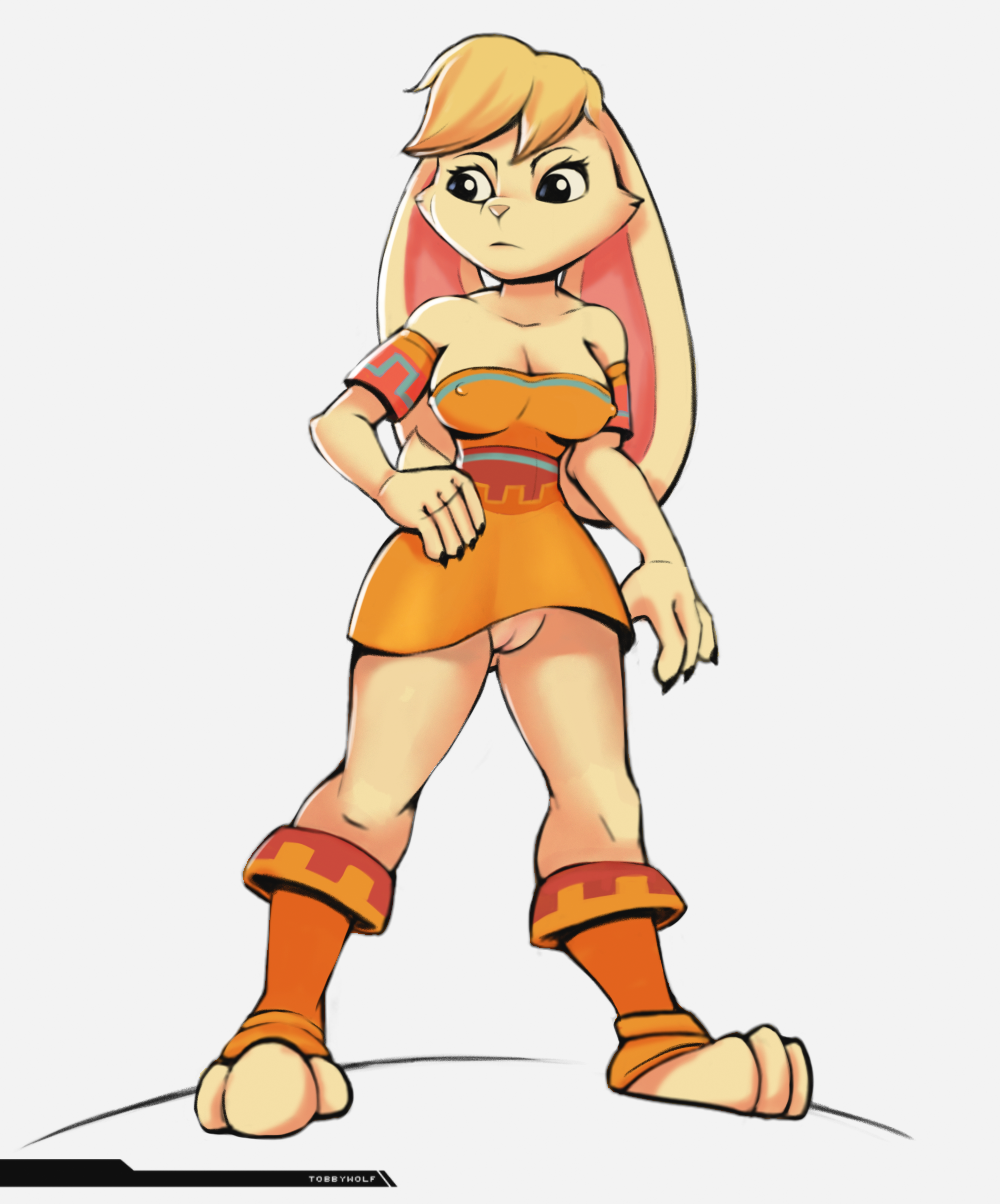 1girls 2020 3_toes activision anthro bianca_(spyro) biped blonde_hair bottomless breasts cleavage clothed clothing digital_media_(artwork) feet female female_only genitals hi_res innie_pussy insomniac_games lagomorph leporid mammal nipple_outline no_panties partially_clothed pussy rabbit solo spyro spyro_the_dragon tobbywolf toes video_games white_background