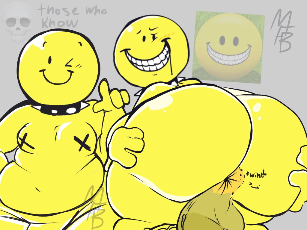 2d (artwork), 4 fingers, anal wink, anus, artist request, artist watermark, balls, big ass, big belly, black pasties, circle head, collar, grey background, looking at viewer, male, meme in the background, minecraft, multiple poses, multiple views, nipple tape, onomatopoeia, overweight, overweight male, pasties, simple background, smile, smiley face, spiked collar, spread anus, teeth, verity (thatmob), watermark, yellow skin