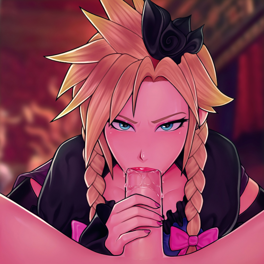 2boys, big penis, blonde hair, blowjob, blue eyes, braid, braided twintails, canon crossdressing, cloud strife, crossdressing, emotionless, erection, expressionless, eyeshadow, fellatio, femboy, final fantasy, final fantasy vii, final fantasy vii remake, frown, giver pov, hand on penis, holding object, holding penis, lips, lipstick, lipstick on penis, loodncrood, looking at viewer, male, nail polish, oral, penis, pov, saliva, saliva on penis, sissy, solo focus, spiky hair, thighhighs, tie, trap, uncomfortable, yaoi