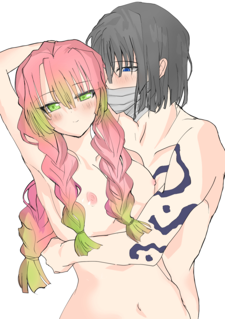 1boy, 1girls, arm up, bangs, black hair, blush, body markings, braided hair, canon couple, demon slayer, embrace, female, hug, iguro obanai, kanroji mitsuri, kimetsu no yaiba, long hair, looking at another, looking at viewer, male, mao0112, mouth mask, nude, pink hair, pink-haired female, smile, straight, tattoo, two-tone hair, wholesome