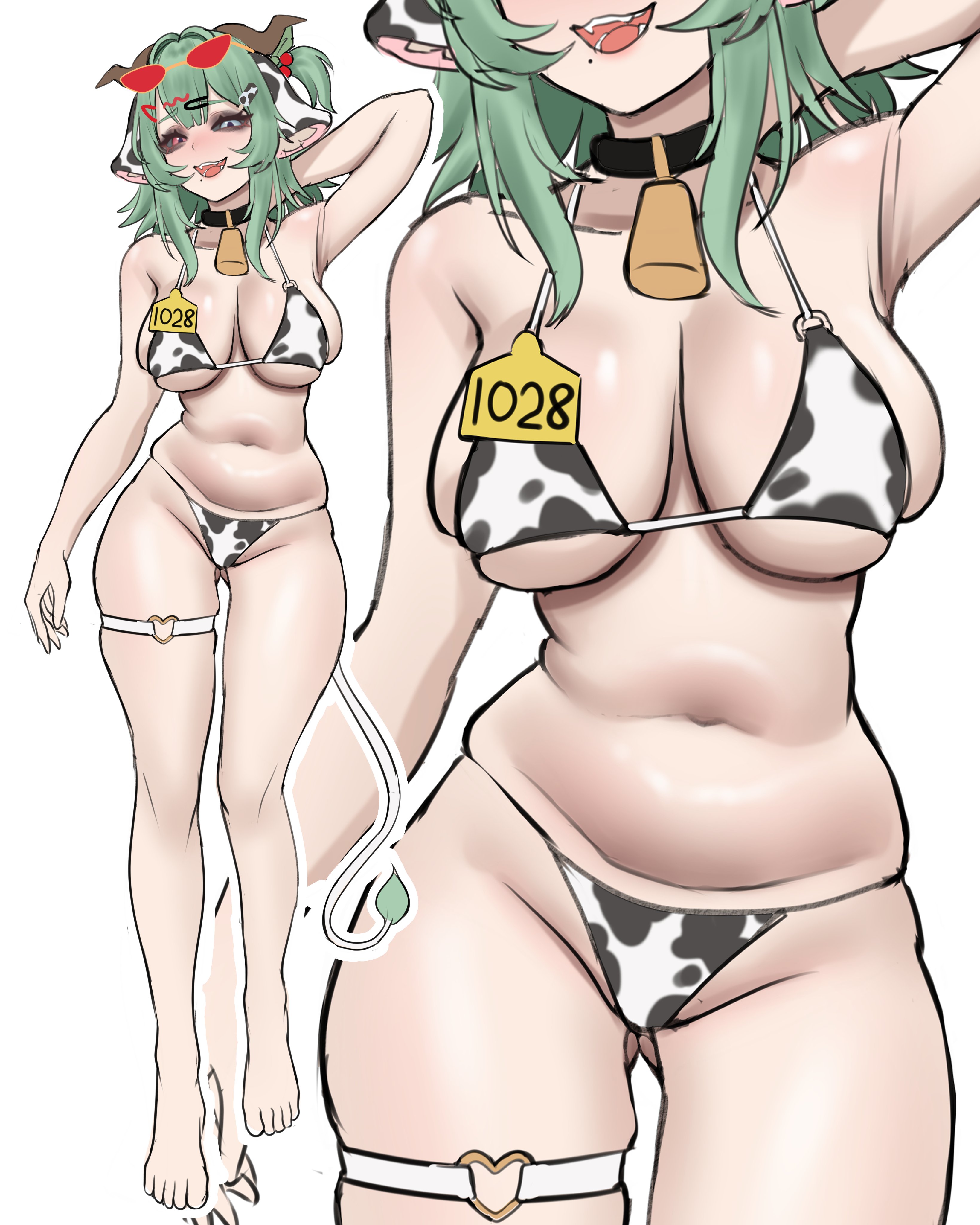 1girl, 2d, bikini, bikini bottom, bikini top, cooterzi, cow print, cowbell, crelly, green hair, heterochromia, indie virtual youtuber, red eyes, solo, sunglasses, virtual youtuber, white eyes