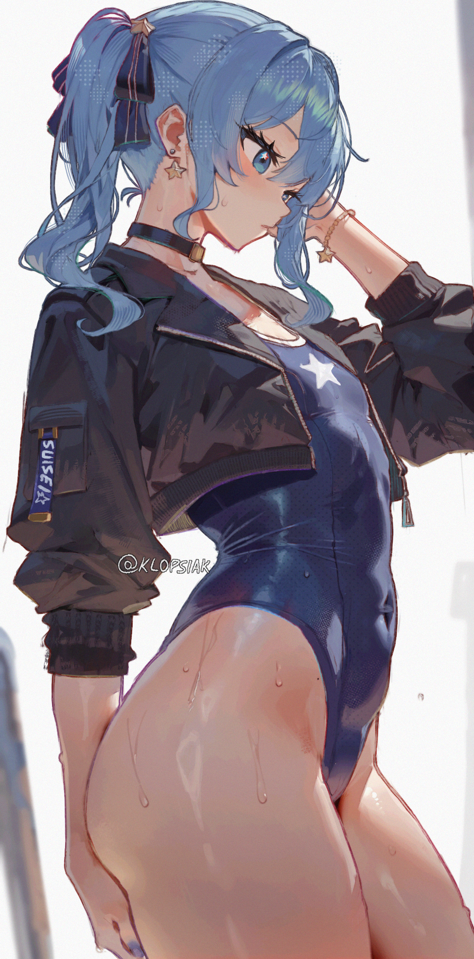 1girls, ass, blue eyes, blue hair, blue swimsuit, bracelet, butt, choker, cropped jacket, earrings, female, female only, flat chest, hair ornament, hololive, hoshimachi suisei, human, jacket, klopsiak, midriff, nail polish, one-piece swimsuit, sweat, swimsuit, thick thighs, thighs, virtual youtuber