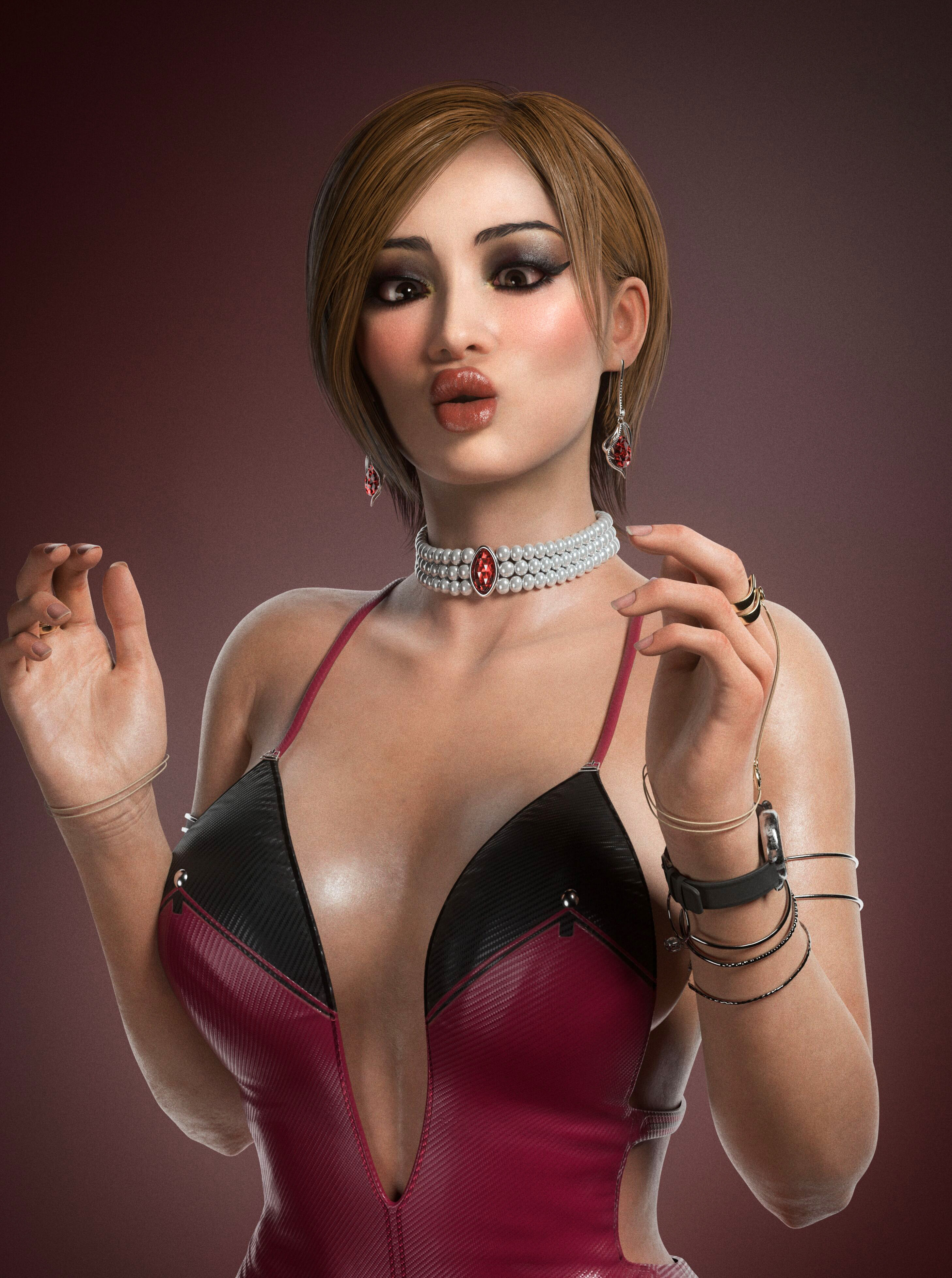 1girls, 3d, accessory, ada wong, asian, asian female, bimbo, bimbo lips, bimbofication, blonde asian, brown hair, cleavage, collar, dress, earrings, female, female only, jewelry, lipstick, makeup, natural breasts, resident evil, ring, sideboob, slutty dress, supernovax