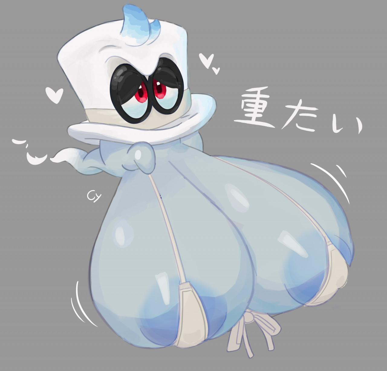 areolae, areolae slip, ball with boobs, ball with hyper features, big breasts, bouncing breasts, bra, breasts, busty, cappy (mario), clothing, cyanu, female, floating, full body, ghost, grey background, hat, headgear, headwear, heart, hi res, huge breasts, hyper, japanese text, mario (series), narrowed eyes, nintendo, red eyes, signature, simple background, solo, spirit, super mario odyssey, text, top hat, translated, underwear, video games, waddling head, worried