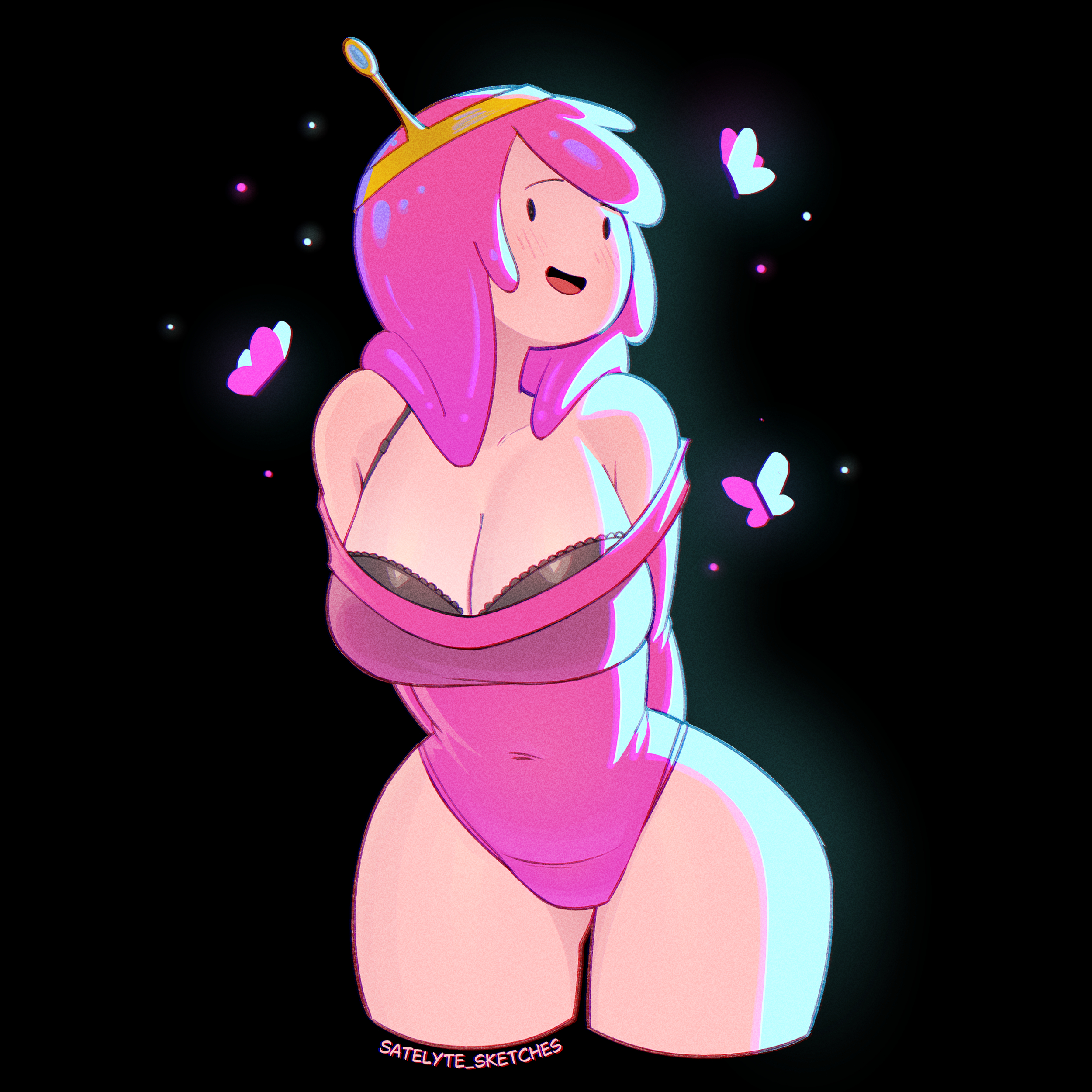1girls, adventure time, breasts, female, female focus, female only, highres, lacy bra, large breasts, looking at viewer, princess bubblegum, satelyte, simple background, solo, thick thighs, thighs, wide hips