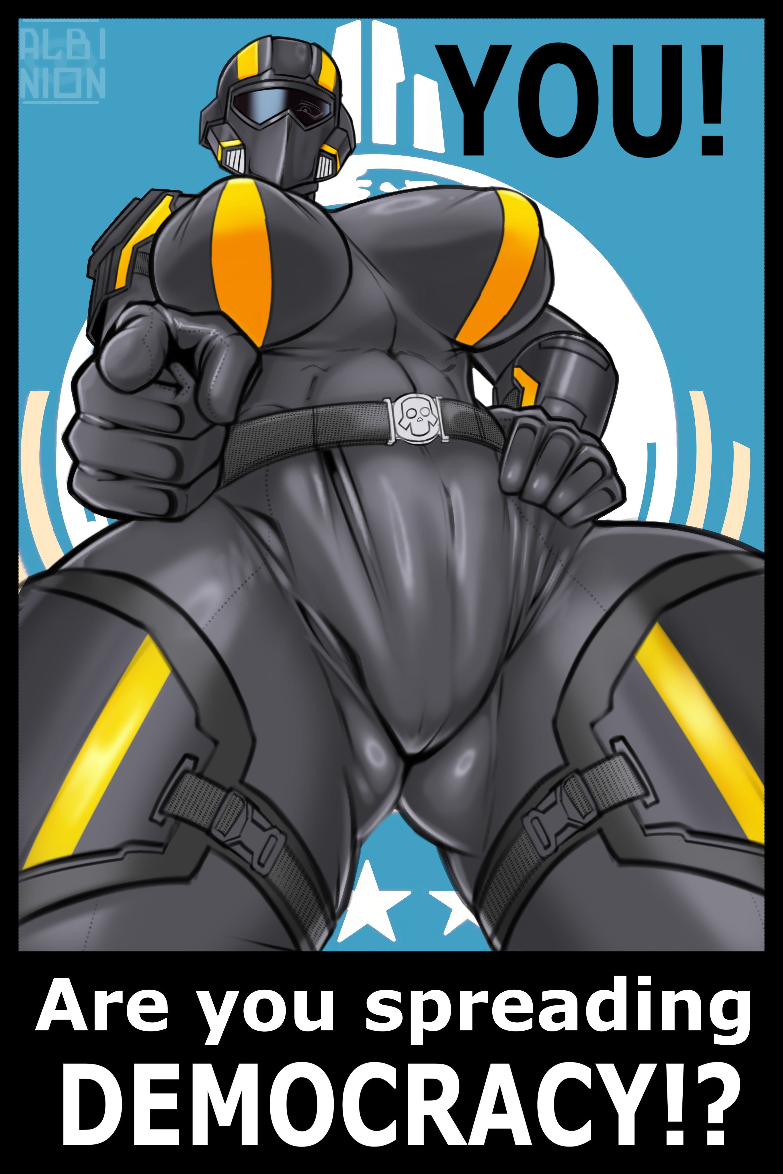 1girl, 1girls, albinion, belt, clothed, clothing, helldiver, helldiver (helldivers), helldivers, helldivers 2, helmet, helmet covering face, helmet only, pointing, pointing at viewer, propaganda, propaganda poster