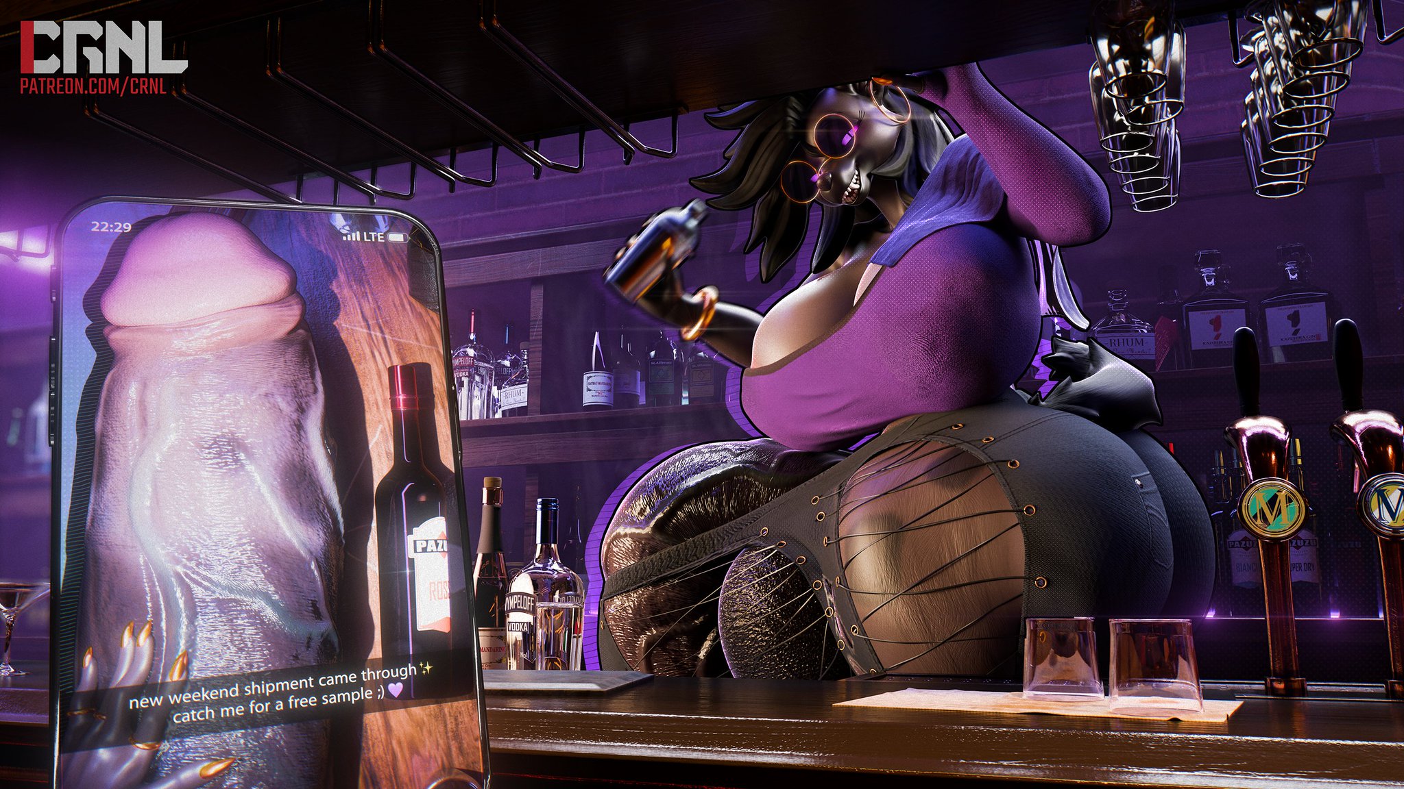 anthro, bartender, cock peek, crnl, dick pic, erect penis, erection, erection under clothes, furry, futa furry, futa is bigger, futanari, genesis (doggod.va), giantess, gigantic ass, gigantic balls, gigantic breasts, gigantic cock, gigantic penis, gigantic testicles, gigantic thighs, glowing eyes, looking at viewer, mandra57, overboob, purple eyes, veiny penis, vympel