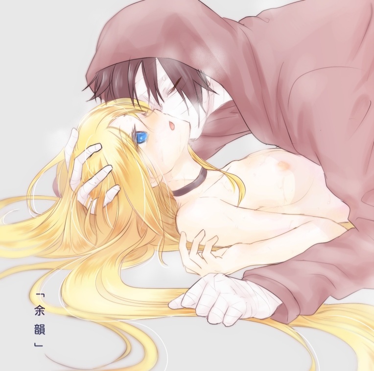 1boy 1girls angels_of_death bandage black_hair blue_eyes breasts duo female female/male isaac_foster nipples rachel_gardner satsuriku_no_tenshi small_breasts straight yellow_hair