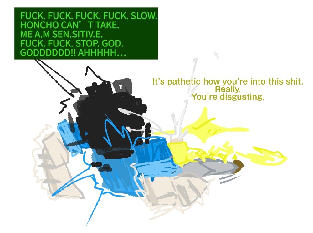 1boy, begging, begging for mercy, begging to stop, censored face, curious light (doors), degradation, degradation text, dialogue, dialogue box, disgusted, doors (roblox), honcho (doors), overstimulation, overwhelmed, roblox, roblox game, sensitive, shaking lines, tagme