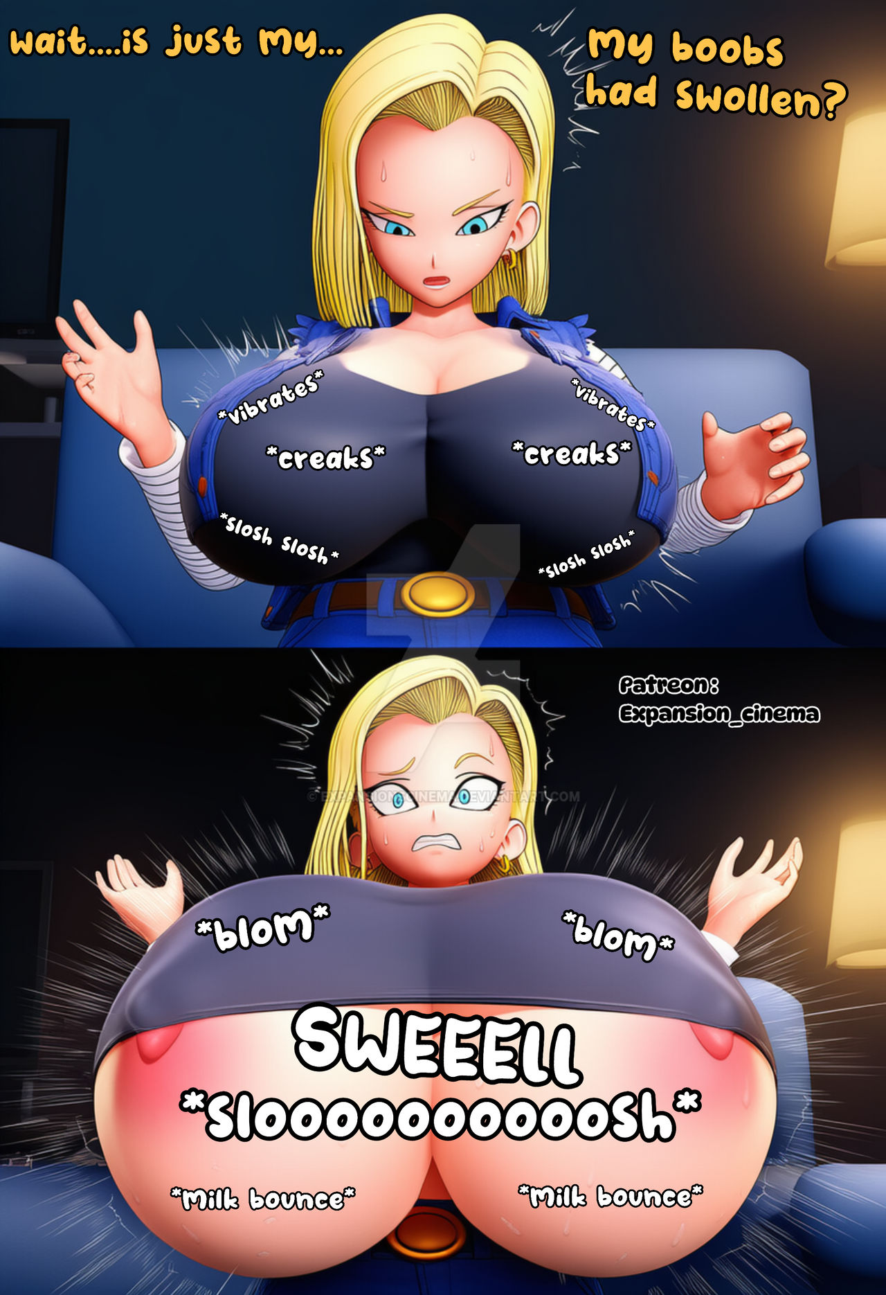 1girls, android 18, anime, big, big boobs, blonde, blonde female, blonde hair, blonde-haired female, boob expansion, boobs, breast expansion, clothed, clothed female, cyborg, cyborg girl, dragon ball z, expansion cinema, female, female focus, female only, huge boobs, huge breasts, large boobs, large breasts, manga, solo, solo female, solo focus