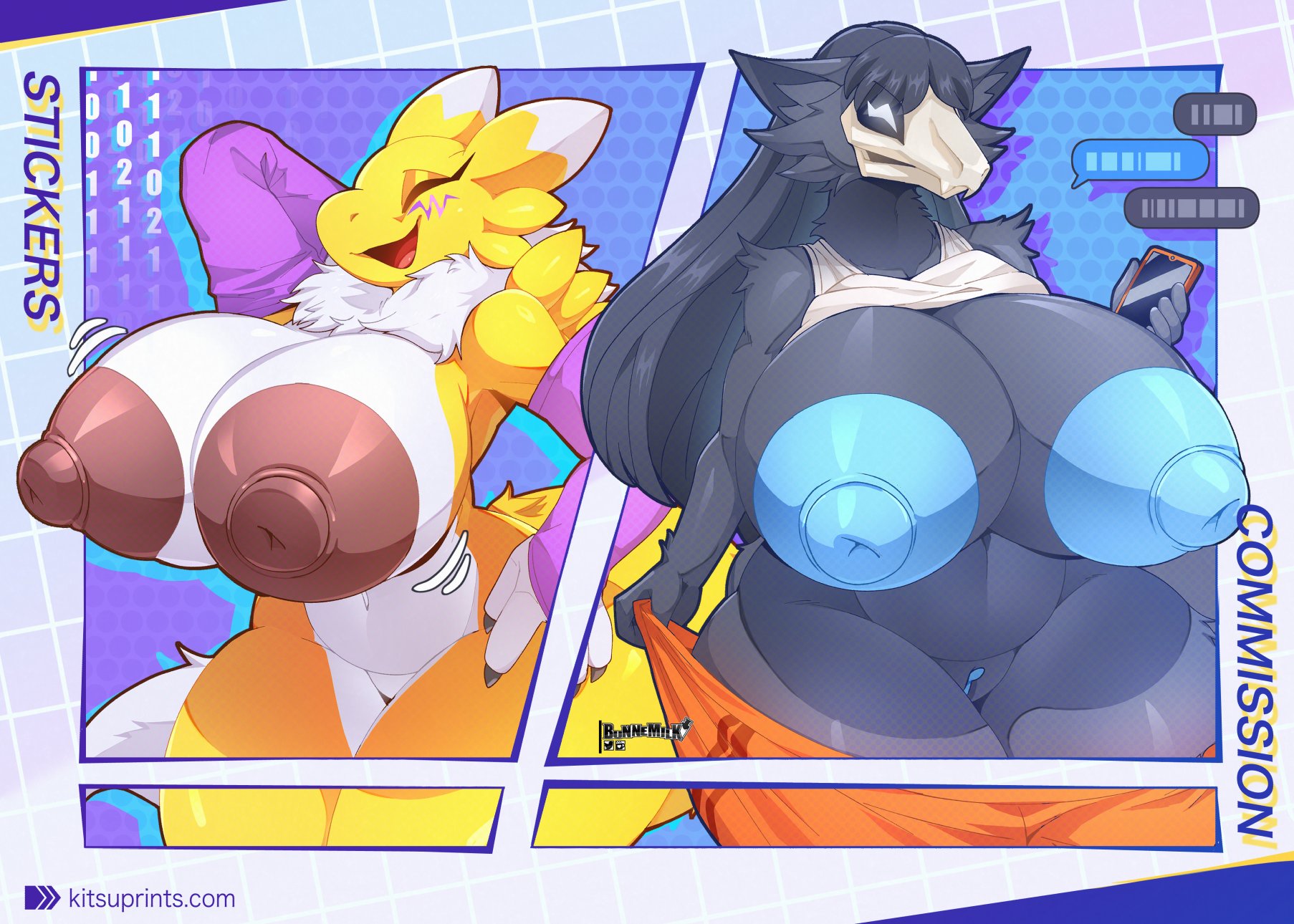 2d, 2d (artwork), 2girls, anthro, armwear, bandai namco, big breasts, big nipples, binary code, black body, black fur, black hair, blue nipples, blue pussy, breast focus, breasts, brown nipples, bunnemilk, closed eyes, code, digimon, digimon (species), eyes closed, female, female only, fur, furry, giant breasts, hand behind head, hand on hip, happy, holding object, holding phone, huge breasts, huge nipples, long hair, mal0, malo, naked, nipples, nude, orange pants, phone, posing, purple armwear, pussy, removing clothing, renamon, scp foundation, scp-1471, scp-1471-a, shirt up, slim waist, smile, tail, taking clothes off, tank top, texting, thick thighs, thighs, white body, white eyes, white fur, wide hips, yellow body, yellow fur