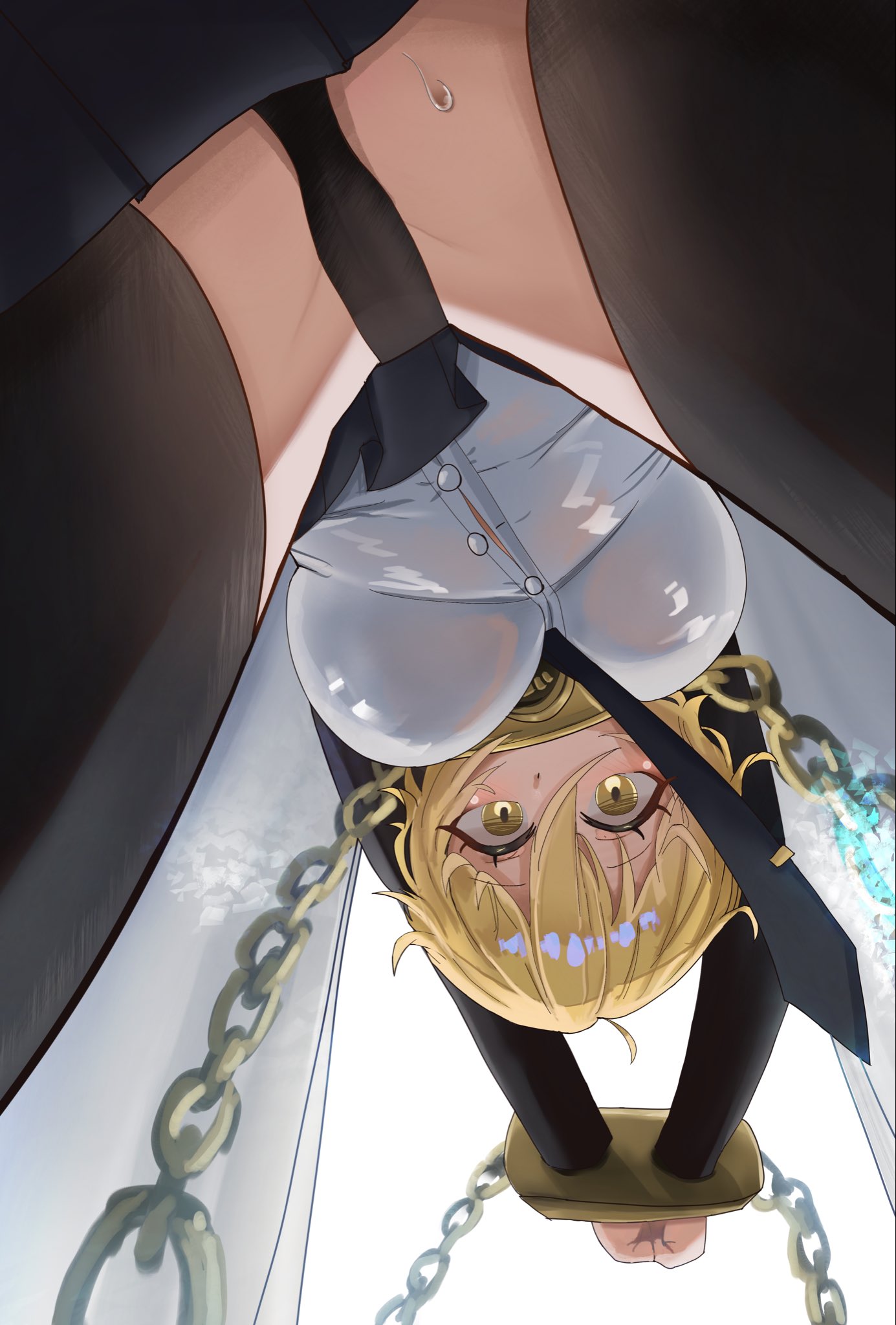 1girl, absurdres, black necktie, black skirt, black thighhighs, blonde hair, breasts, cape, chain, chained, chained wrists, collar, commentary request, cuffs, cuffs-to-collar, don quixote (limbus company), gloves, gold collar, highres, index (identity) (project moon), index don quixote, jacket, limbus company, long sleeves, looking at viewer, metal collar, necktie, pov, project moon, pussy, shirt, short hair, simple background, skirt, solo, thighhighs, underwear, white background, white cape, white shirt, yellow eyes