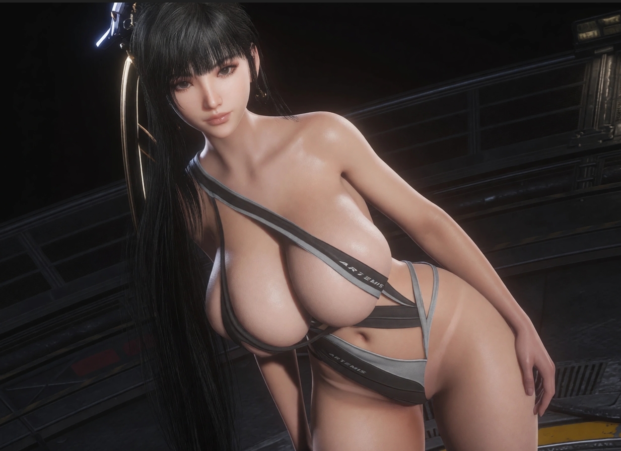 1girls, 3d, 3d model, artist request, asian, asian female, belly button, bikini, black hair, bob cut, child bearing hips, eve (stellar blade), exposed midriff, female, female only, hourglass figure, hourglass figured female, huge breasts, large ass, large breasts, leaning forward, mod, one-piece swimsuit, pale skin, pale-skinned female, ponytail, posing, posing for picture, posing for the viewer, sfw, slim waist, stellar blade, tagme, tanline, thick, thick ass, thick hips, thick legs, thick thighs, tied hair, video game character, wide hips