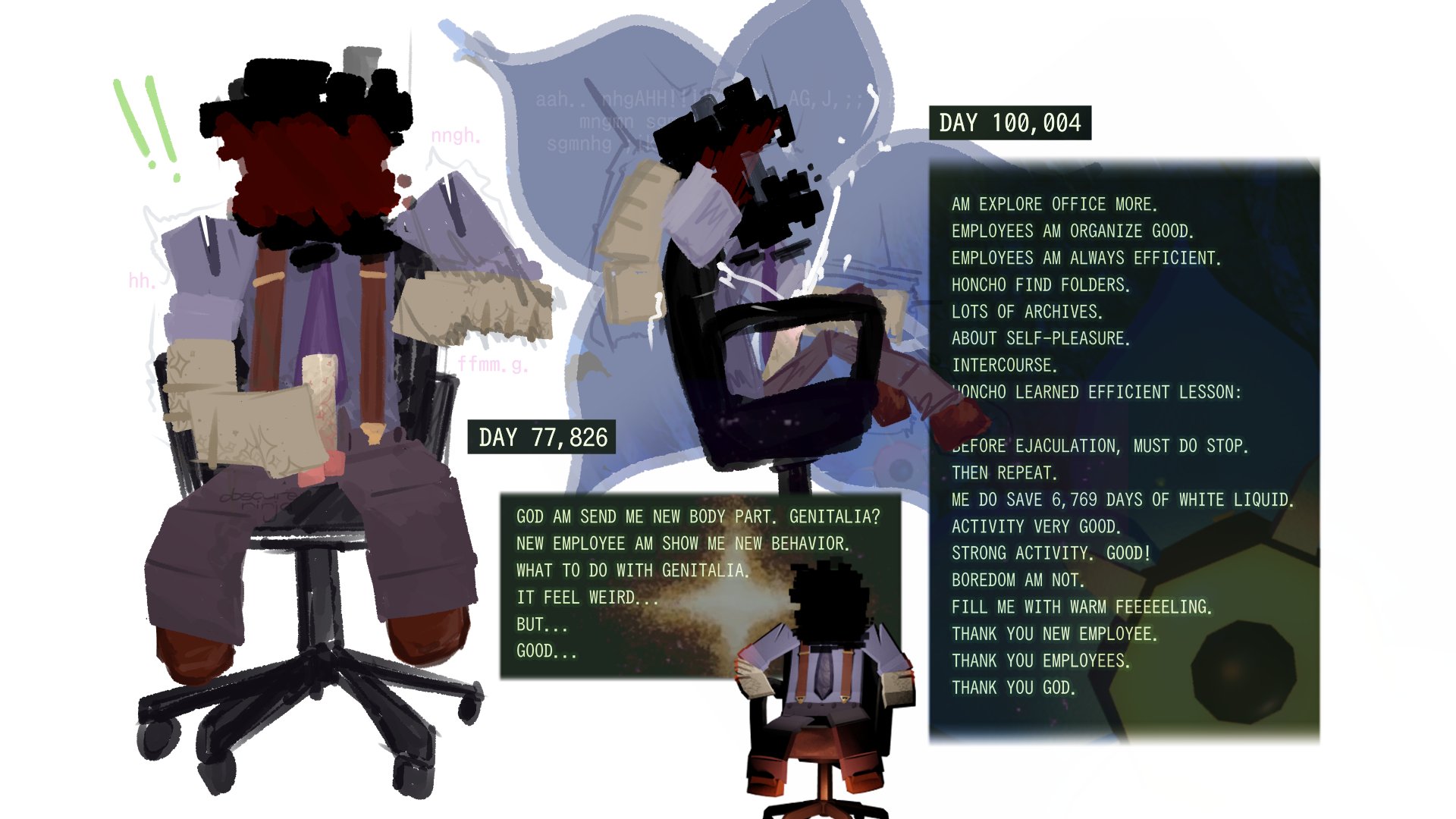 1boy, blush, blushing, censored face, dialogue, dialogue box, doors (roblox), edging, honcho (doors), masturbation, office chair, orgasm denial, penis, penis out, roblox, roblox game, shaking lines, solo, solo focus, solo male, tagme