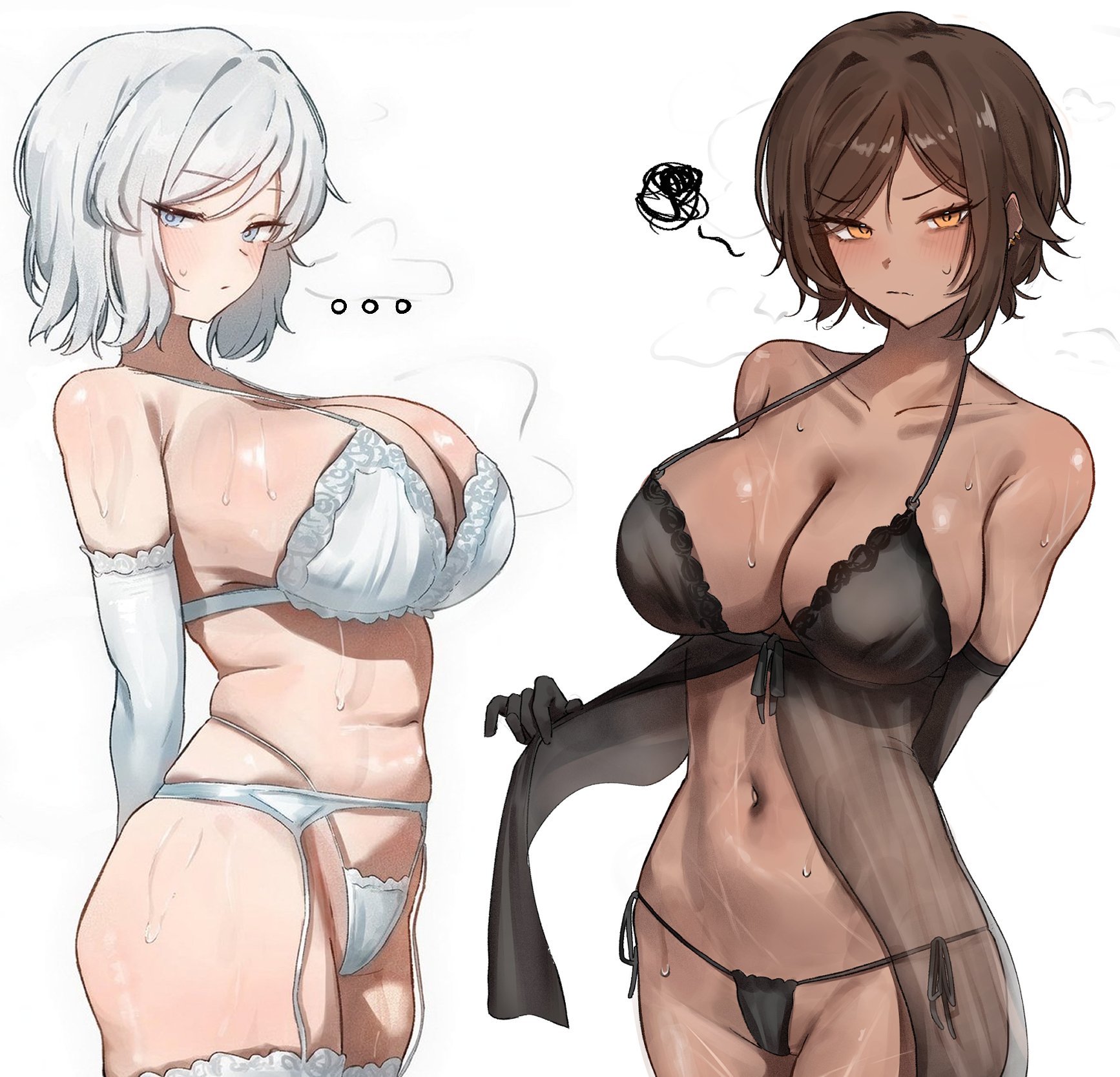 2girls, artist request, breasts, dark skin, dark-skinned female, faust (limbus company), female, female focus, female only, large breasts, light skin, light-skinned female, limbus company, looking at viewer, outis (limbus company), project moon, thick thighs, thighhighs, thighs, white background, wide hips