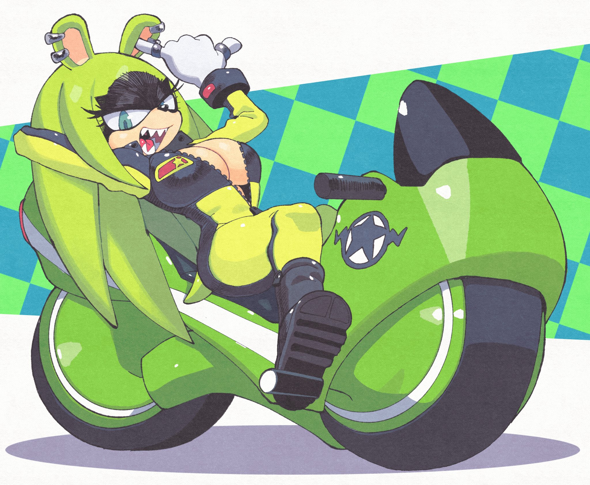 1girls, afrosoricid, anthro, big breasts, biker girl, bikesuit, blue eyes, bodysuit, breasts, checkered background, cleavage, commission, ear piercing, earrings, finger in ear, green fur, hair down, hyperbithero, idw publishing, inkuusan, lying on back, motorcycle, nipples covered, on back, racing suit, rings, sharp teeth, sideboob, sonic (series), sonic the hedgehog (comics), sonic the hedgehog (idw), sonic the hedgehog (series), surge the tenrec, tomboy, underboob, unzipped, unzipped bodysuit, vehicle, white background, zipper, zipper pull tab