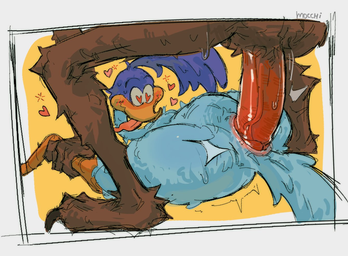 ambiguous gender, ambiguous penetrated, anthro, anthro on feral, anthro penetrating, anthro penetrating feral, avian, bestiality, big penis, bird, blue body, blue feathers, canid, canine, canis, claws, cloacal, cloacal penetration, coyote, cuculiform, duo, feathers, feral, feral penetrated, from front position, g0ddamnwhat, genitals, heart eyes, heart symbol, humanoid genitalia, humanoid penis, looney tunes, male, male penetrating, male penetrating ambiguous, male/ambiguous, male/male, mammal, mating press, new world ground cuckoo, penetration, penile, penile penetration, penis, penis in cloaca, predator/prey, road runner (looney tunes), roadrunner, sex, toe claws, tongue, tongue out, warner brothers, wile e. coyote