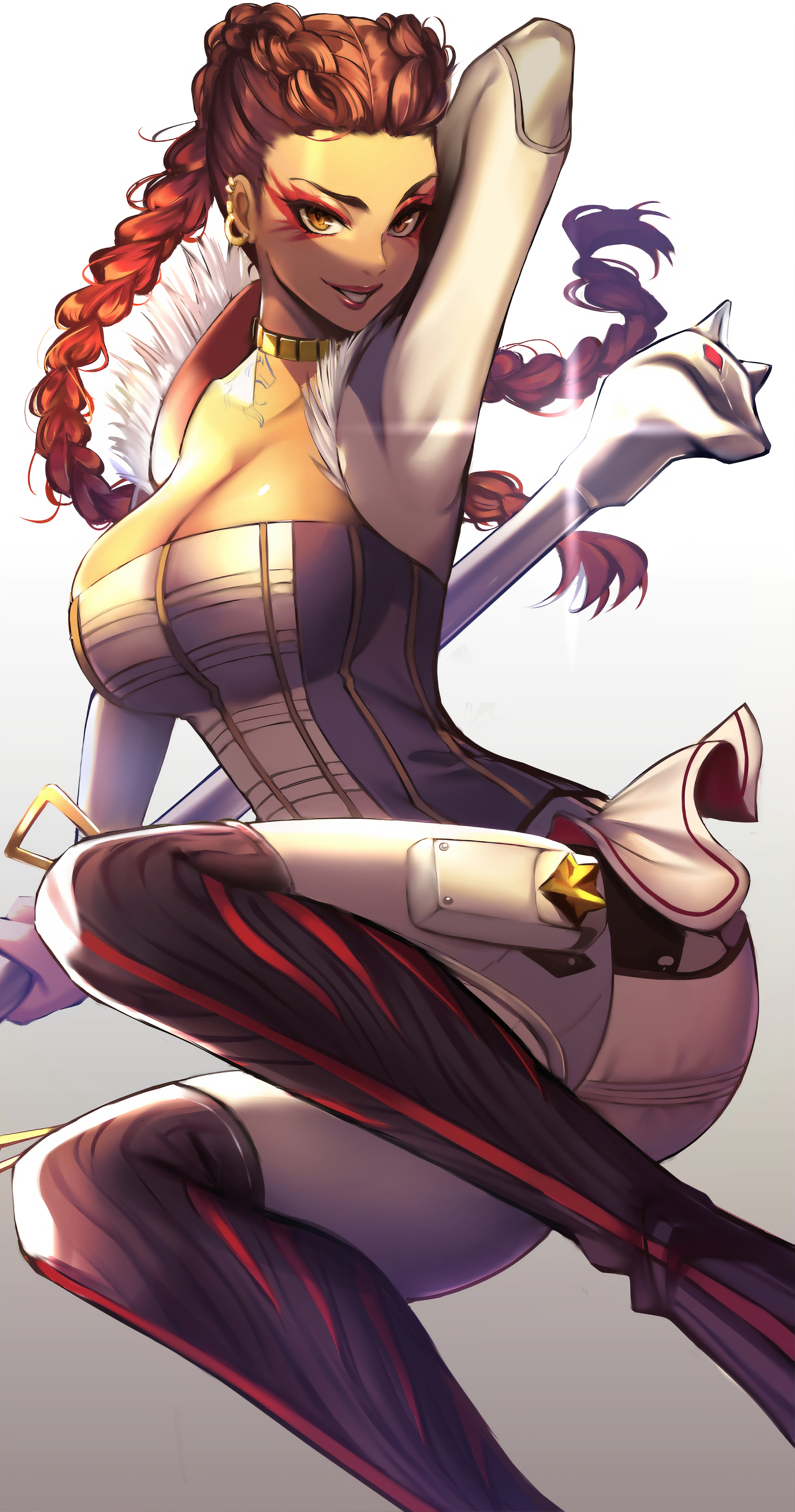 2d, alternate breast size, apex legends, ass, belt, big ass, big breasts, big butt, big hips, big thighs, bottom heavy, breast hold, breast squeeze, breast squish, breasts, breasts out, bubble ass, bubble butt, bursting breasts, bursting butt, female, gigantic ass, gigantic butt, huge ass, huge breasts, huge butt, loba (apex legends), looking at another, outgrowing clothes, simple background, skin tight, stretched clothing, thick, thick ass, thick hips, thick legs, thick thighs, tight clothes, tight clothing, tight pants, tights, unknown artist