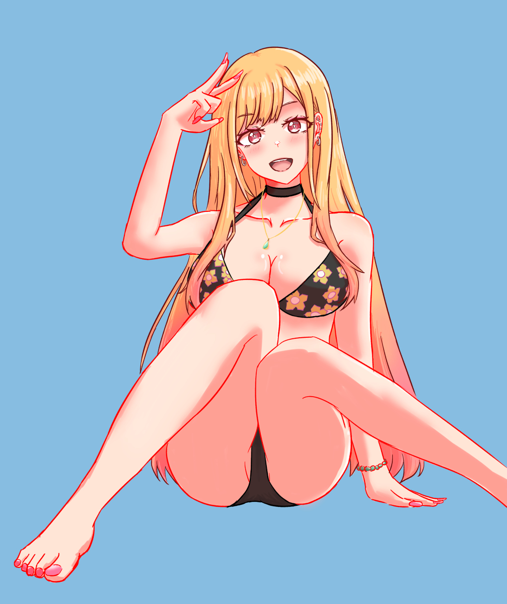 bathing_suit big_breasts blonde_hair blue_background breasts ear_piercing feet gyaru jewelry kitagawa_marin long_hair nail_polish necklace open_mouth red_eyes red_outline simple_background sono_bisque_doll_wa_koi_wo_suru thighs toenail_polish toes