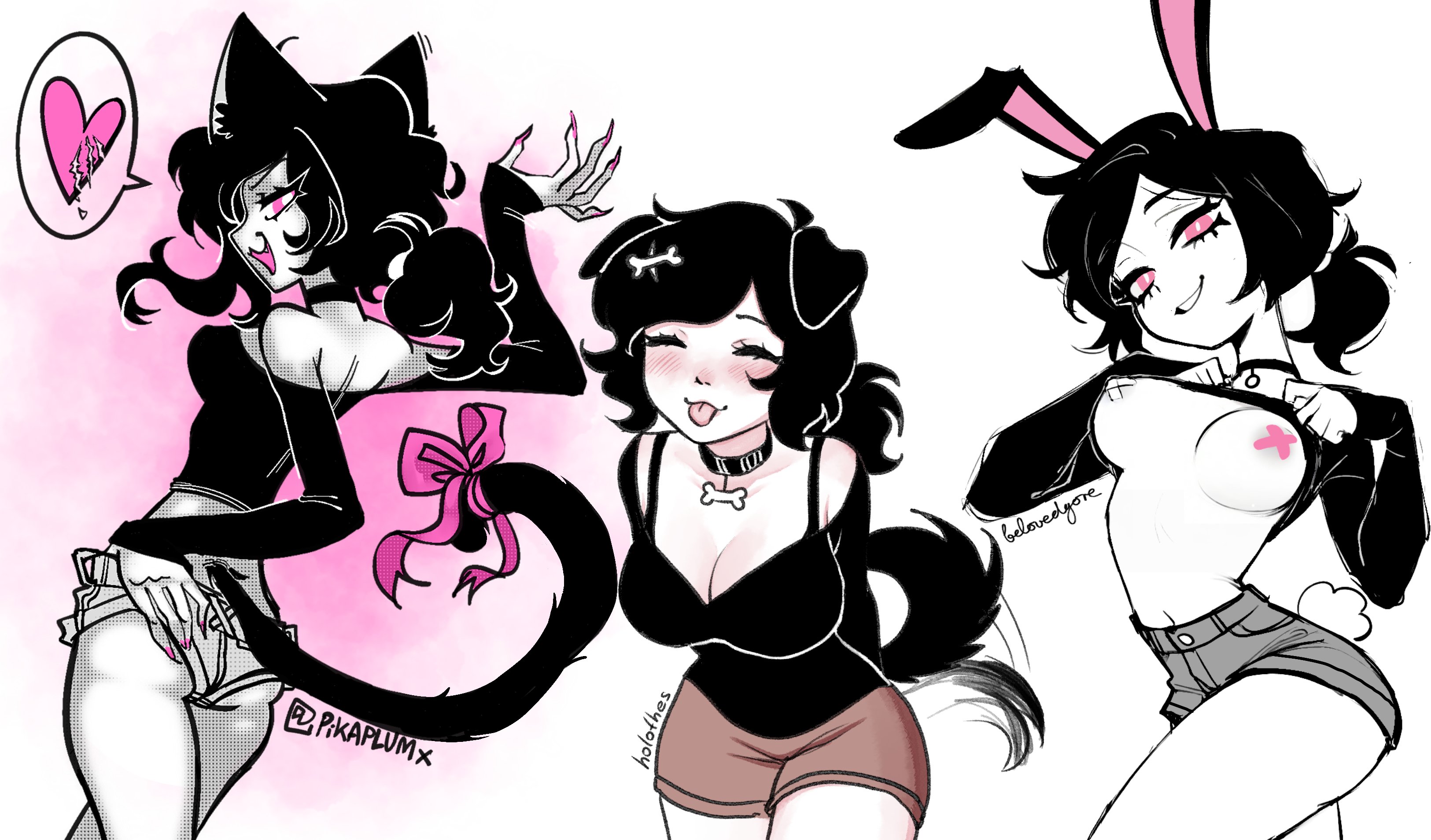 1girls, 2d, artist collaboration, ashley graves, ass, belovedgore, black hair, blush, breasts, bunny ears, bunny girl, bunny tail, cat ears, cat tail, catgirl, choker, cleavage, closed eyes, collaboration, collar, dog ears, dog girl, dog tail, female, female only, flashing, flashing breasts, holothes, looking at viewer, looking back, nipple pasties, pink eyes, ponytail, scooub, shirt lift, solo, tease, teasing, the coffin of andy and leyley