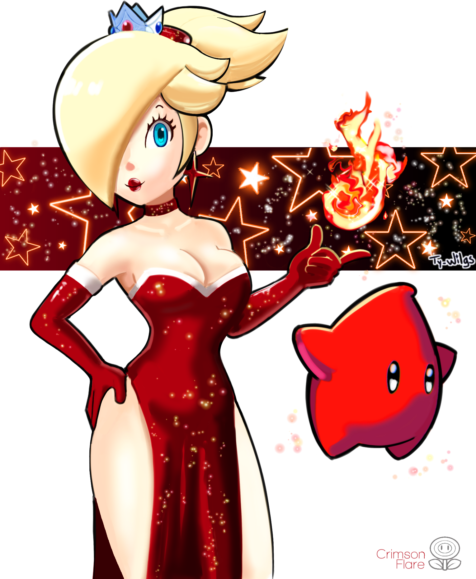 1girls, blue eyes, breasts, choker, cleavage, crown, elbow gloves, female, fire, fire flower, hand on hip, lipstick, looking at viewer, luma, mario (series), nintendo, ponytail, princess rosalina, red dress, red lipstick, side slit, smile, super mario galaxy, ty wilgs
