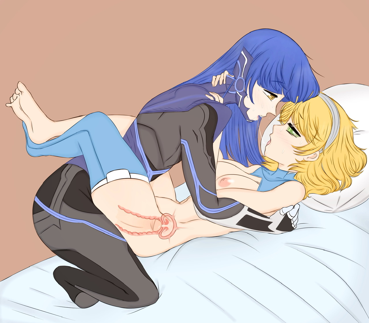 1boy, 1girls, after kiss, artemis (megami tensei), atlus, big penis, blonde hair, blonde-haired female, blue hair, blue-haired male, breasts, cum, cum in pussy, cum in uterus, cum inside, cumming in pussy, ejaculation, erection, female, female penetrated, femboy, femboy on female, femboydom, femsub, flawsy, green eyes, leg lock, light skin, light-skinned female, light-skinned femboy, light-skinned male, long hair, long-haired male, male, male penetrating, male penetrating female, maledom, megami tensei, nahobino (smt), nipples, open mouth, penetration, penis, protagonist (shin megami tensei v), pussy, sex, shin megami tensei v, straight, vagina, vaginal, x-ray