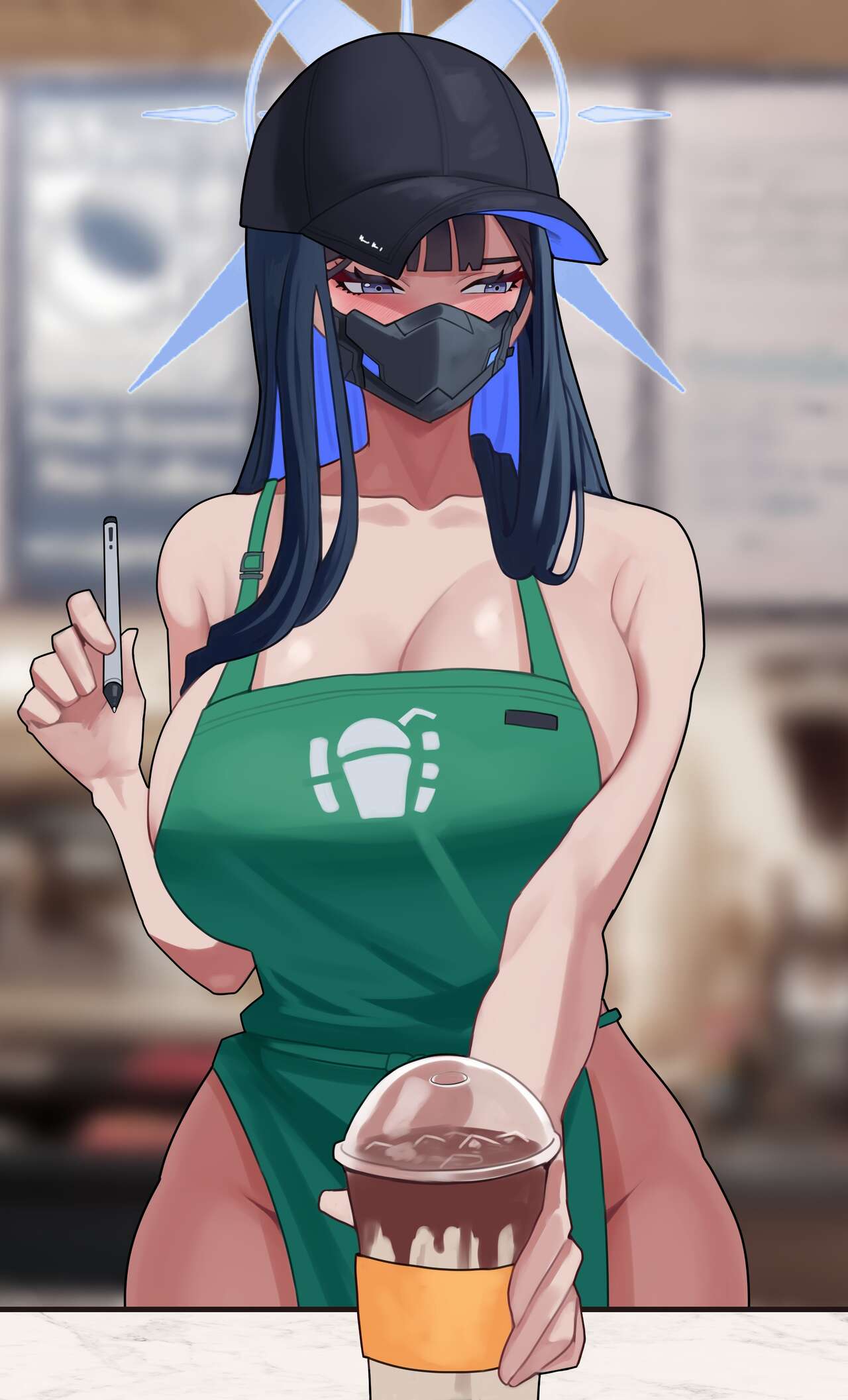 1girls, apron, arapanchi, arius satellite school student, arius squad (blue archive), big breasts, blue archive, blue hair, coffee shop, halo, hat, mask, naked, naked apron, naked female, saori (blue archive)