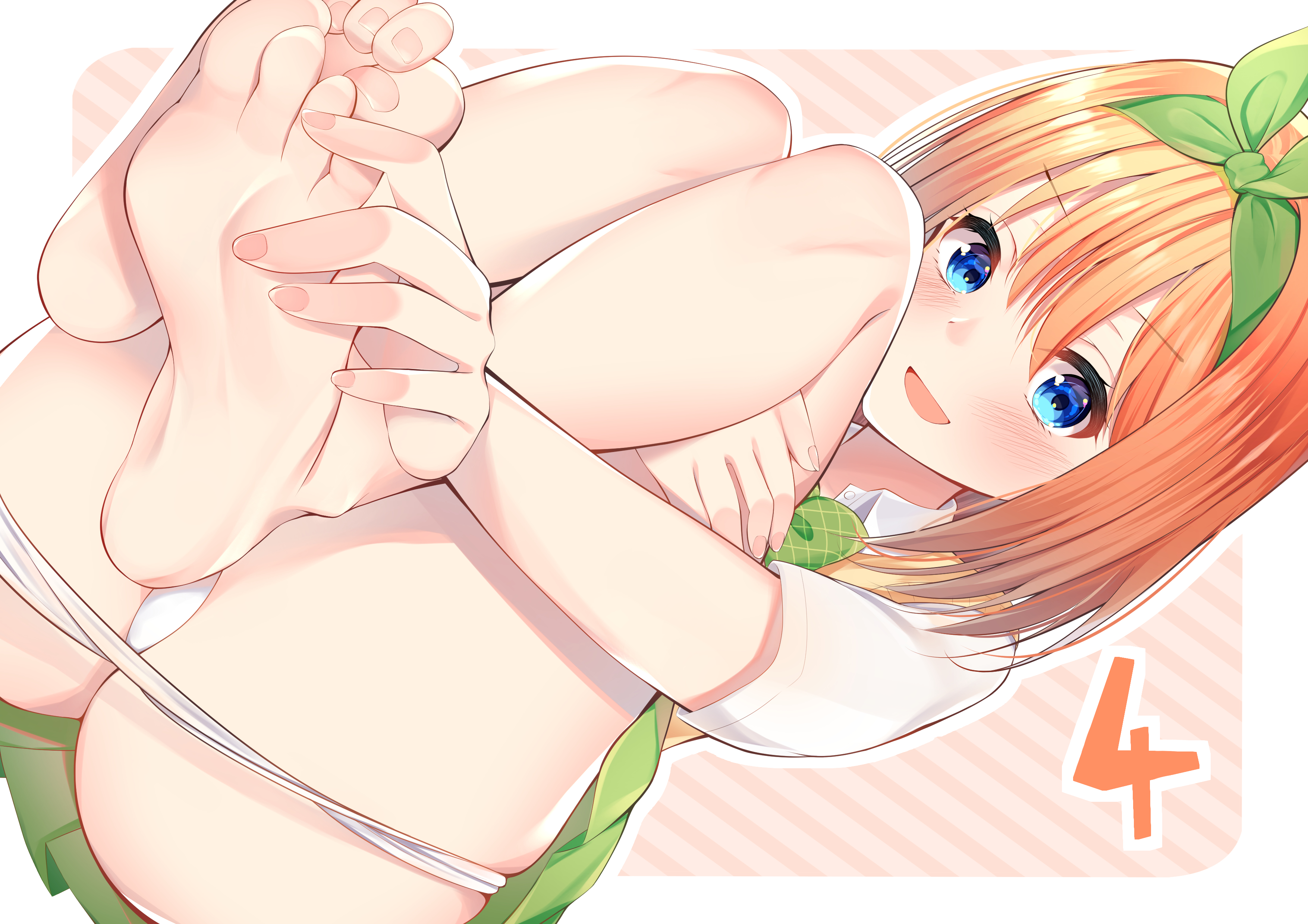 ass, ass crack, bare legs, barefoot, blush, butt crack, clothed, clothed female, cute, cute face, female, go-toubun no hanayome, green ribbons, green skin, hair ribbon, knees up, leg grab, leg hold, long hair, nail polish, nakano yotsuba, nari (narikashi), no shoes, open mouth, open smile, orange hair, panties, panties down, panty pull, petite, pink nail polish, presenting, presenting ass, presenting feet, ribbon, school uniform, schoolgirl, seifuku, shiny, shiny hair, shiny skin, shirt, shoulder length hair, sitting, skindentation, skirt, sleeveless vest, soles, sweater, sweater vest, thong, toenail polish, toes, underwear, underwear down, vest, white panties, white shirt, white underwear