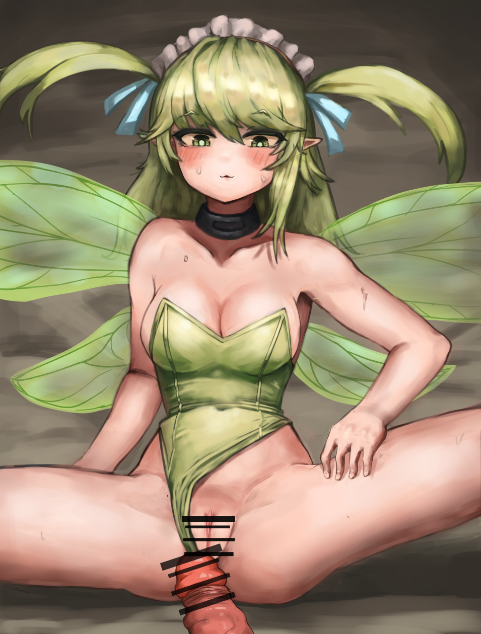 :3 bangs bar_censor bare_arms bare_shoulders black_souls blue_ribbon blush breasts bright_pupils censored cleavage clothing_aside collar collarbone covered_navel eyebrows_visible_through_hair fairy fairy_wings female green_eyes green_leotard green_pupils green_wings grimm_(black_souls) hair_between_eyes hair_ribbon highres imminent_penetration imminent_vaginal leaf_(black_souls) leotard leotard_aside light_green_hair long_hair maid_headdress medium_breasts open_mouth penis pointy_ears pussy ribbon ropeperson spread_legs strapless strapless_leotard thighs two_side_up wings