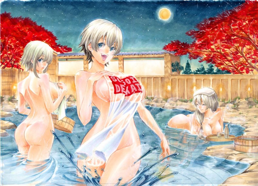 3girls artist_request ass big_breasts breasts bubble_ass bubble_butt female_only hot_spring hot_springs hotsprings long_hair milf mother_and_daughter multiple_girls night no_sex outdoors outside partially_submerged short_hair sisters thick_ass towel uzaki-chan_wa_asobitai! uzaki_hana uzaki_tsuki uzaki_yanagi white_hair