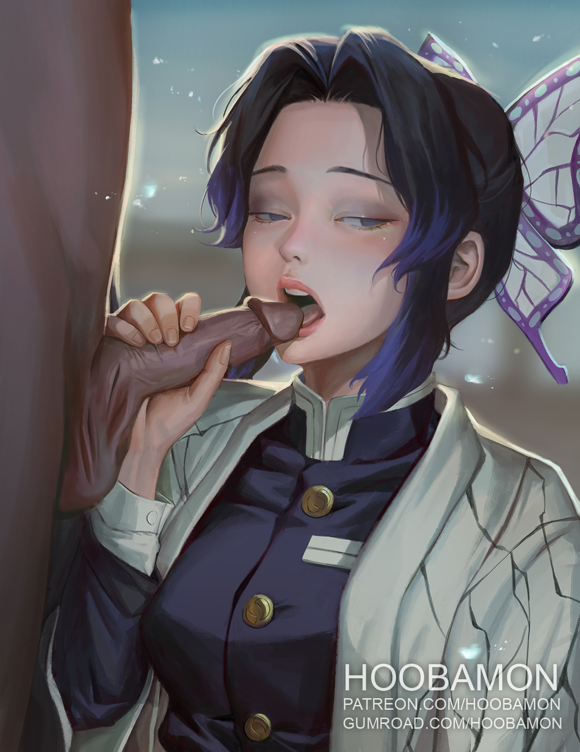 1boy, 1girls, black hair, butterfly hair ornament, clothed female nude male, dark skin, dark-skinned male, demon slayer, erection, faceless male, fellatio, female, female focus, half-closed eyes, haori, holding penis, hoobamon, kamado tanjirou, kimetsu no yaiba, kochou shinobu, licking penis, male, open mouth, oral, painting (artwork), penis, purple hair, purple-haired female, solo focus, two-tone hair, uncensored, uniform